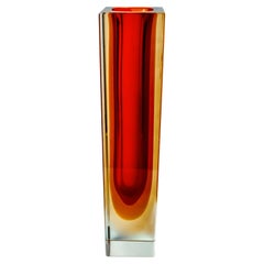 Red and yellow cubic Sommerso vase by Flavio Poli for Seguso, Murano Italy, 1970
