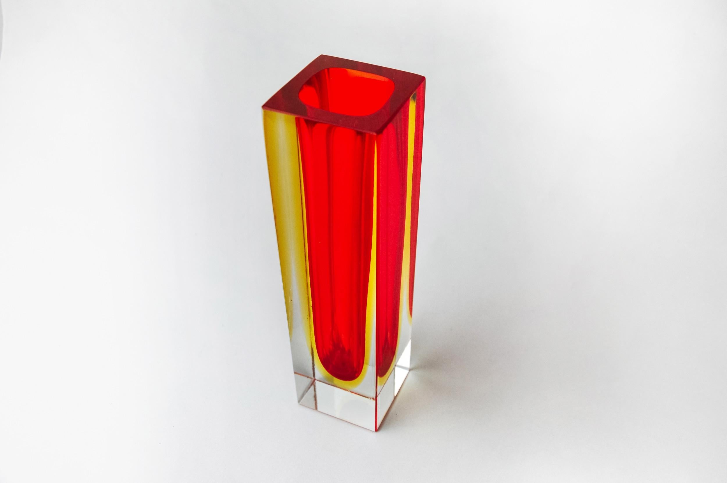 Italian Red and yellow cubic Sommerso vase by Seguso, Murano, Italy, 1970 For Sale