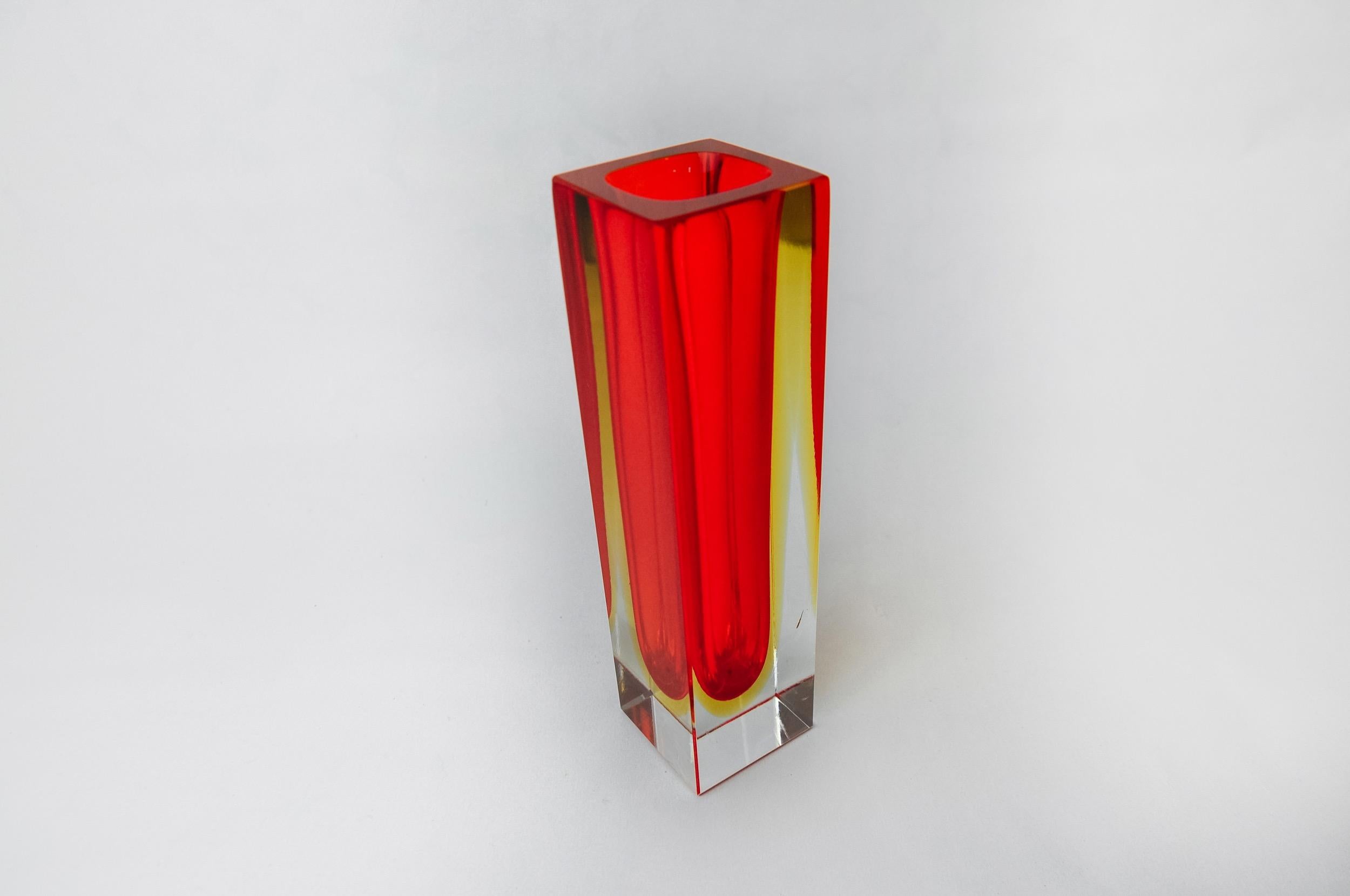 Late 20th Century Red and yellow cubic Sommerso vase by Seguso, Murano, Italy, 1970 For Sale