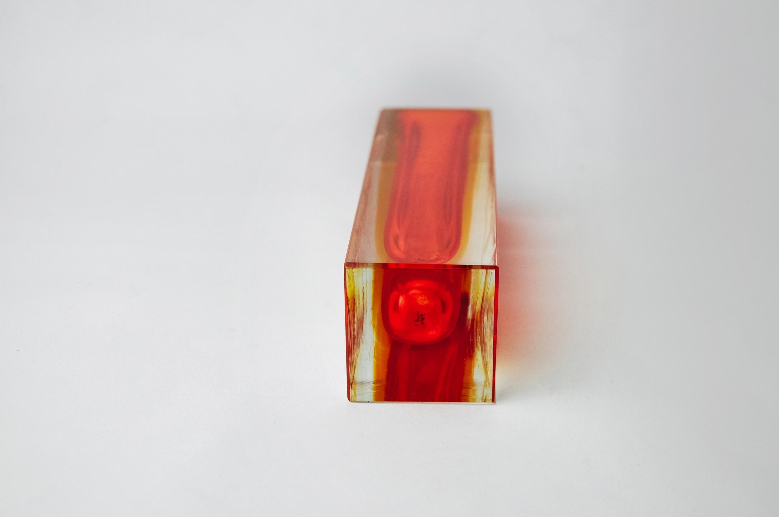 Crystal Red and yellow cubic Sommerso vase by Seguso, Murano, Italy, 1970 For Sale