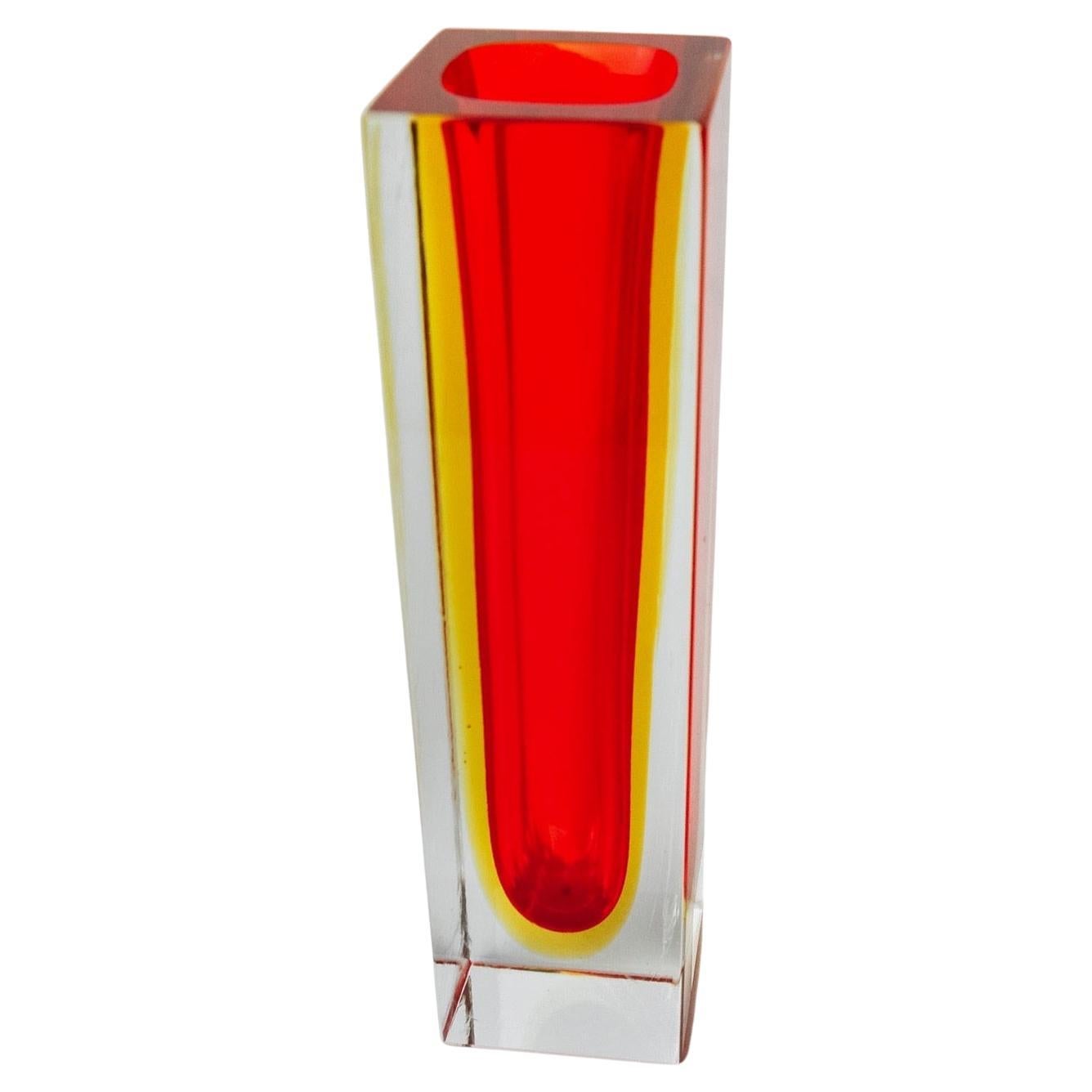 Red and yellow cubic Sommerso vase by Seguso, Murano, Italy, 1970 For Sale