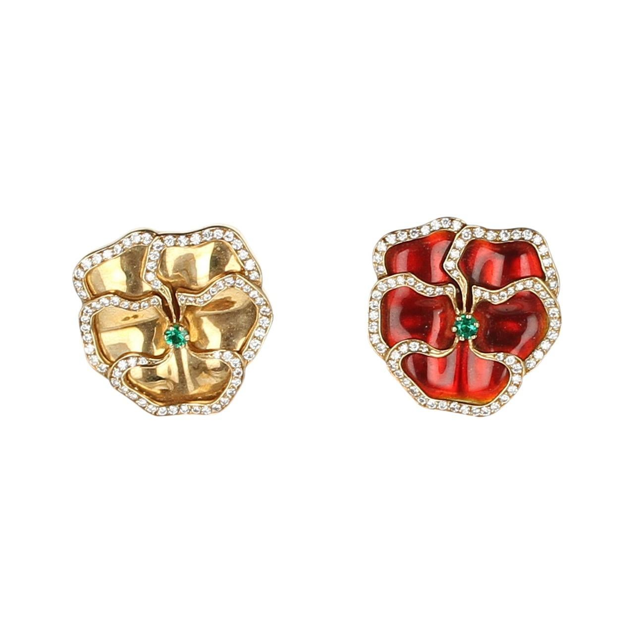 Round Cut Red and Yellow Enamel Earrings with Emerald and Diamonds For Sale