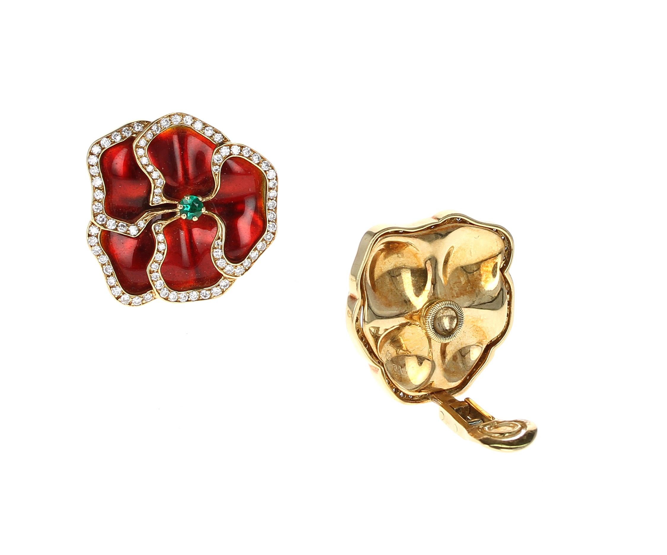 Women's or Men's Red and Yellow Enamel Earrings with Emerald and Diamonds For Sale