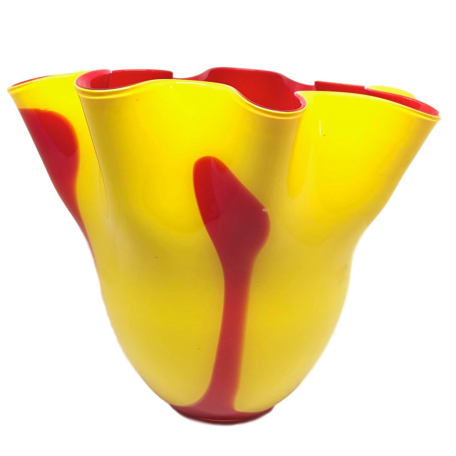 Beautiful Murano hand blown red and yellow Italian art glass handkerchief / fazzoletto vase. Created by the Fratelli Toso company. Measures: 9