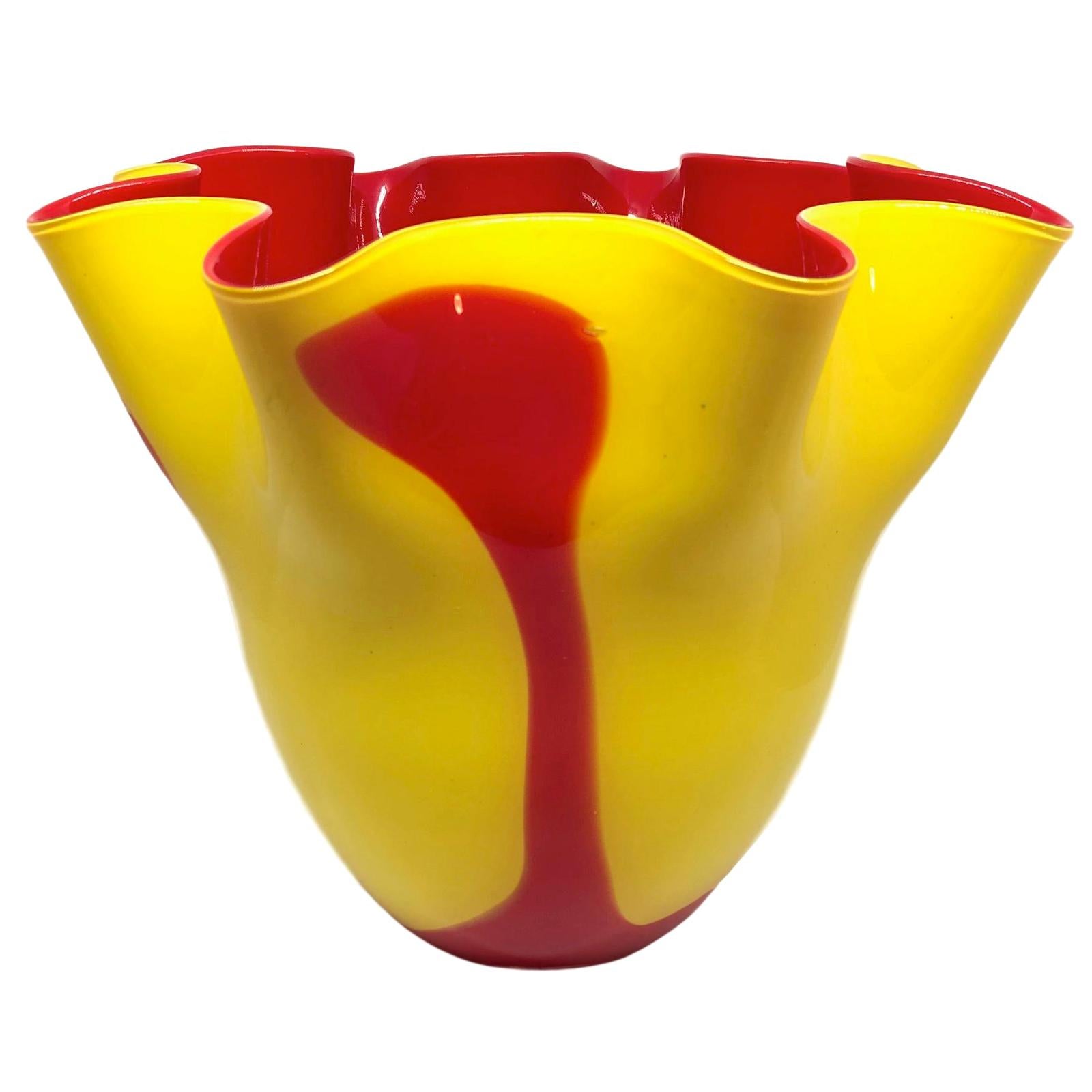 Vintage Murano glass 1970s Lavorazione Arte Made in Italy Sticker yellow swirly handblown vase