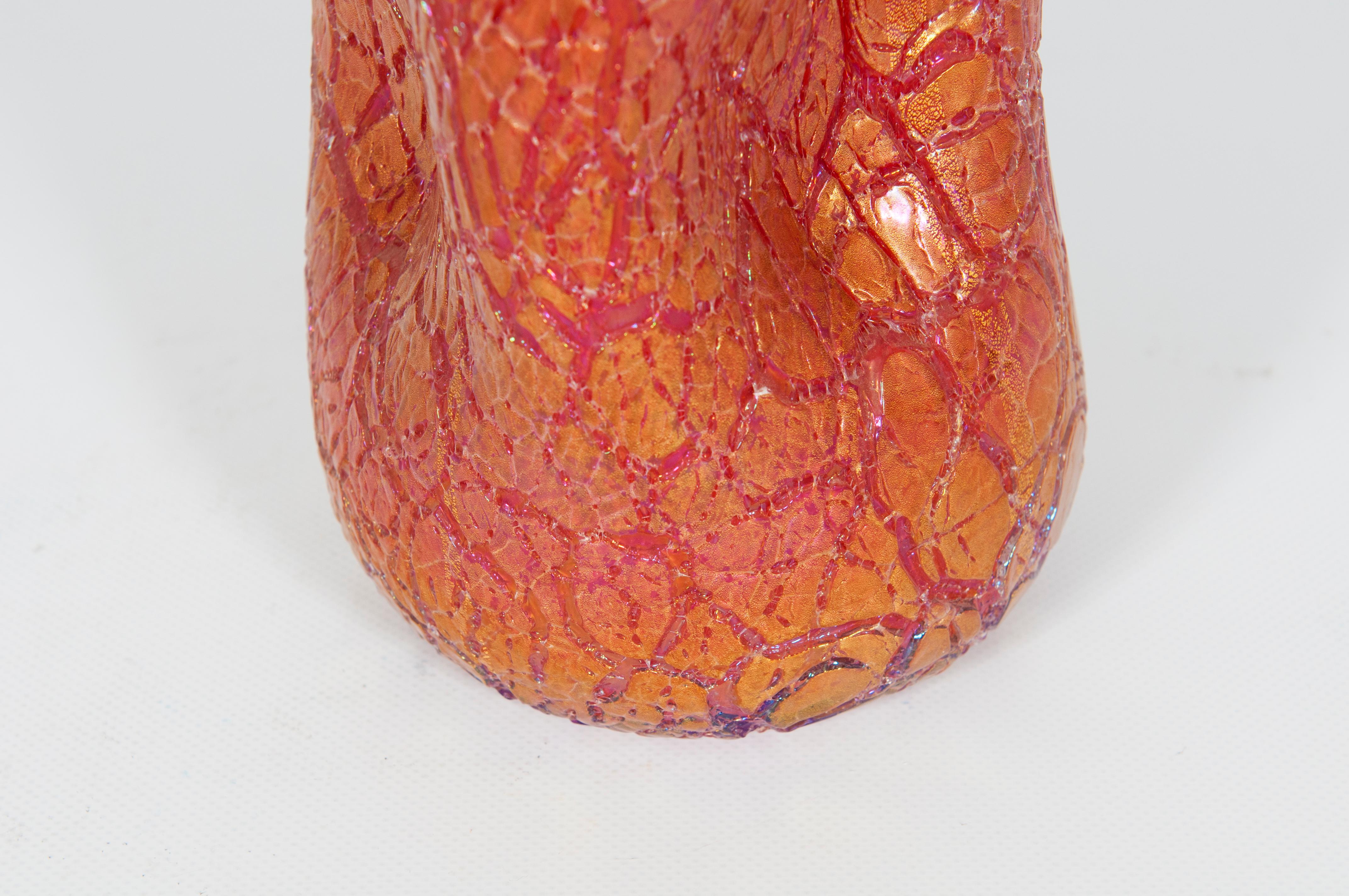 Italian Iced Vase in coral color with a gold nuances in blown Murano Glass 1990s Italy For Sale