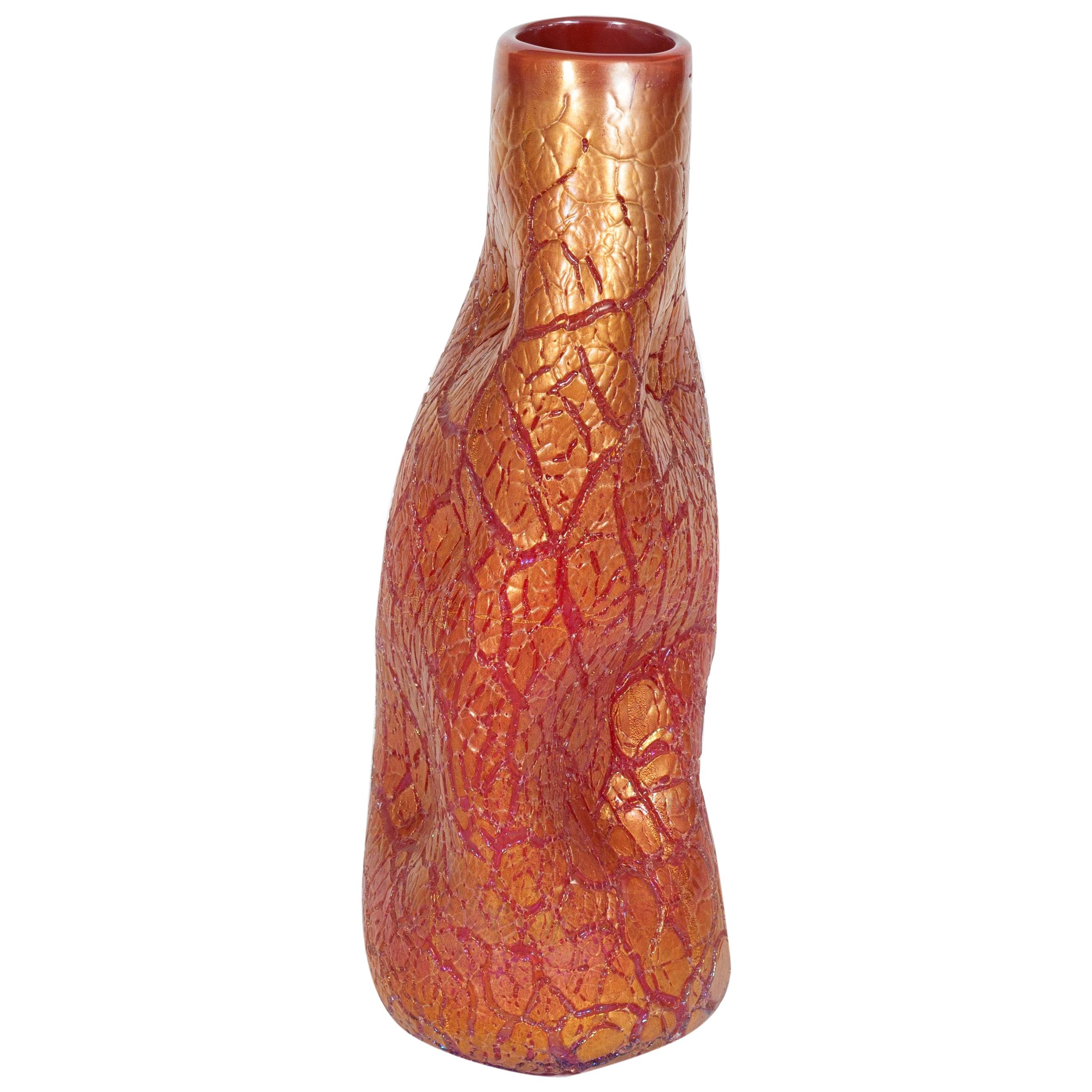Iced Vase in coral color with a gold nuances in blown Murano Glass 1990s Italy
