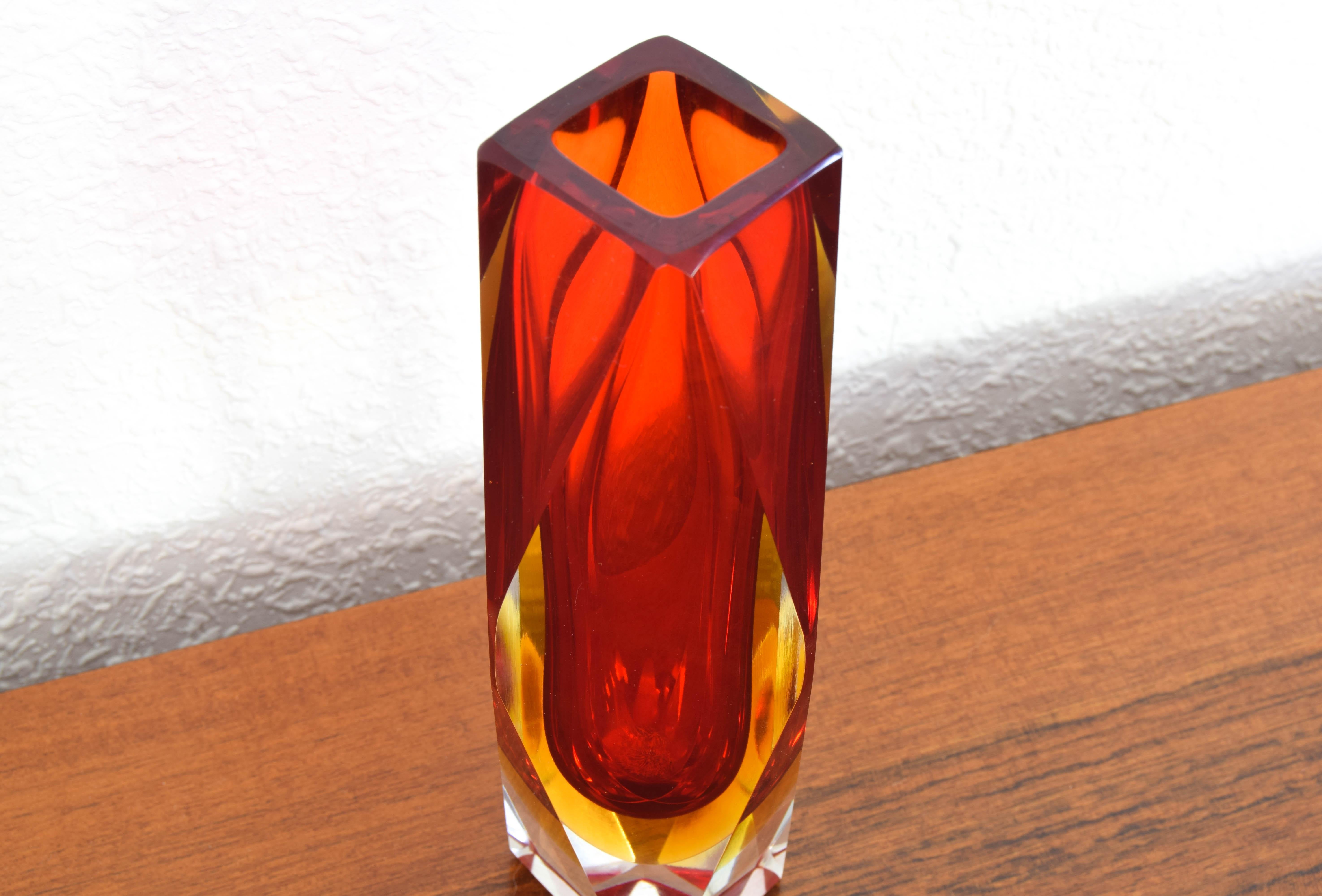 Mid-Century Modern Red and Yellow Murano faceted Italian Modern Sommerso Glass Vase by Mandruzzato