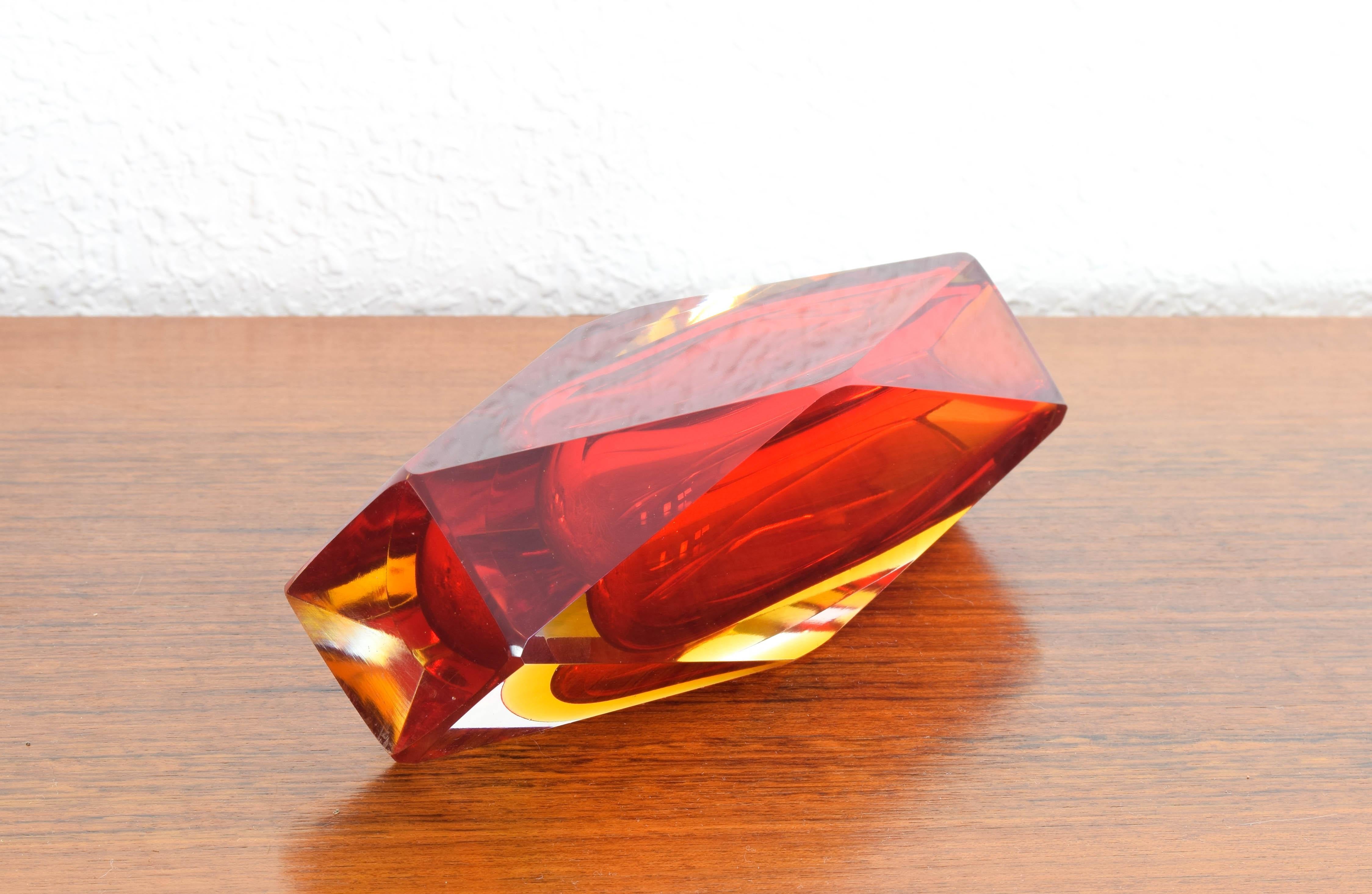 Faceted Red and Yellow Murano faceted Italian Modern Sommerso Glass Vase by Mandruzzato