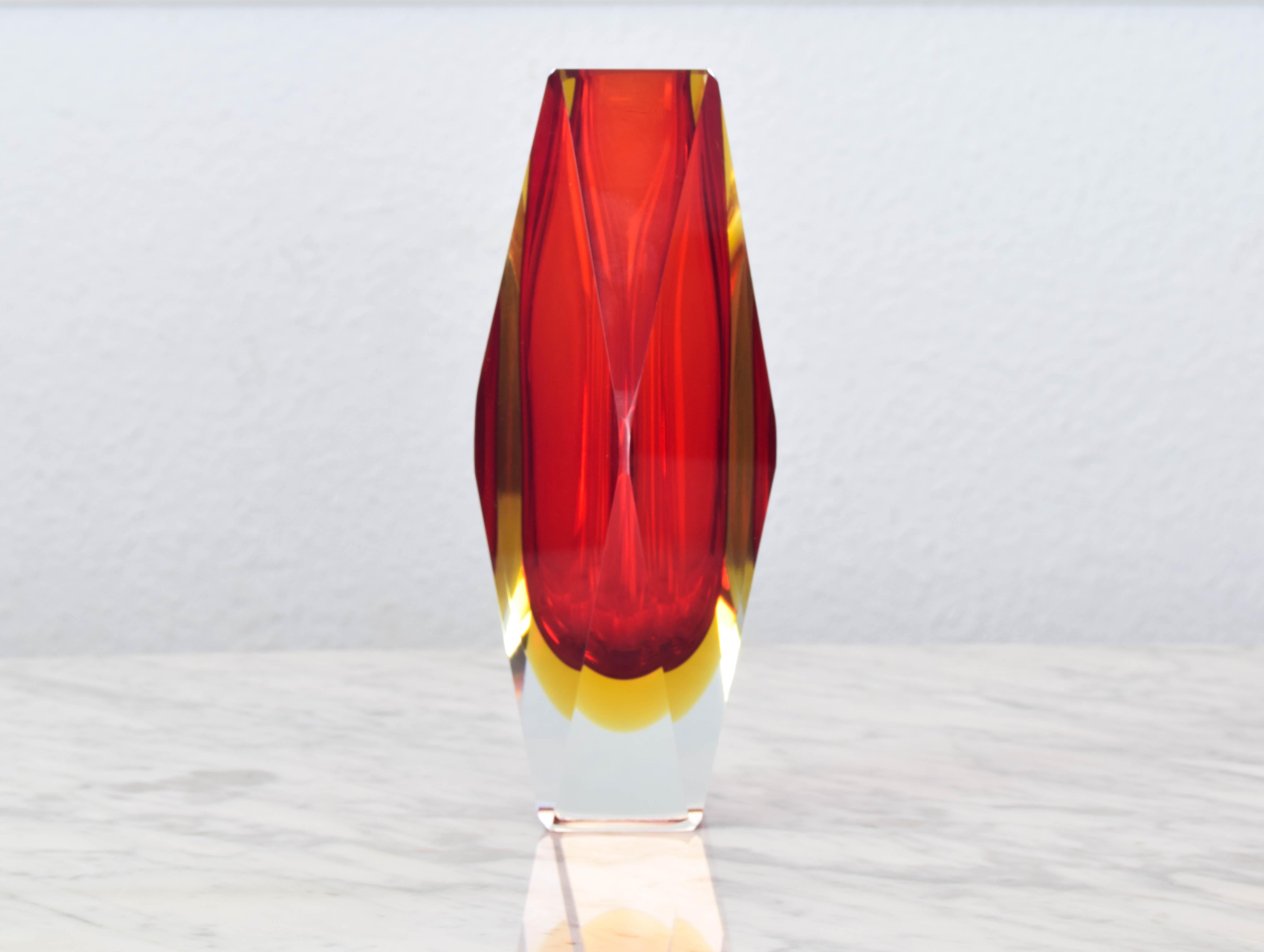 Mid-20th Century Red and Yellow Murano faceted Italian Modern Sommerso Glass Vase by Mandruzzato