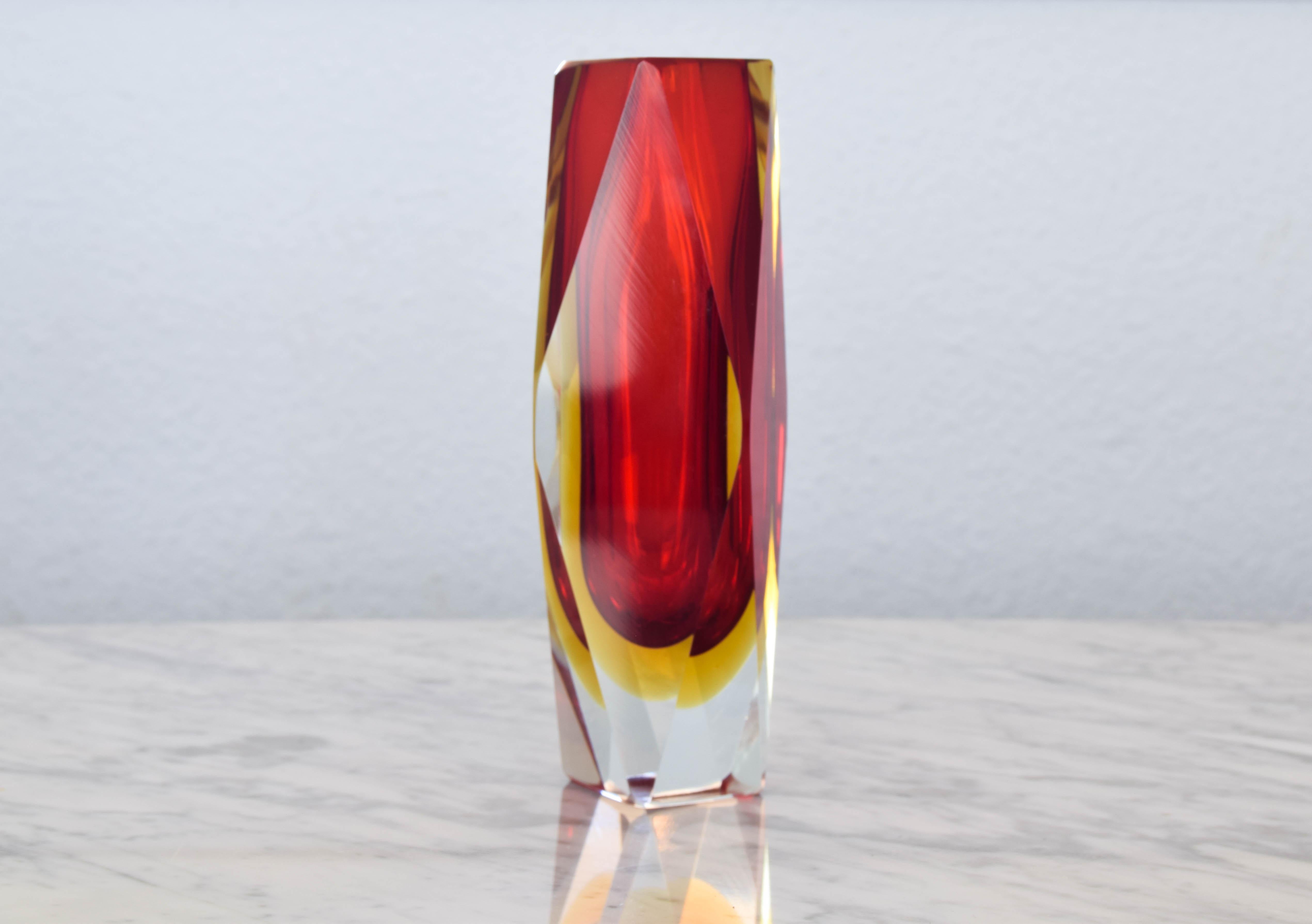 Murano Glass Red and Yellow Murano faceted Italian Modern Sommerso Glass Vase by Mandruzzato