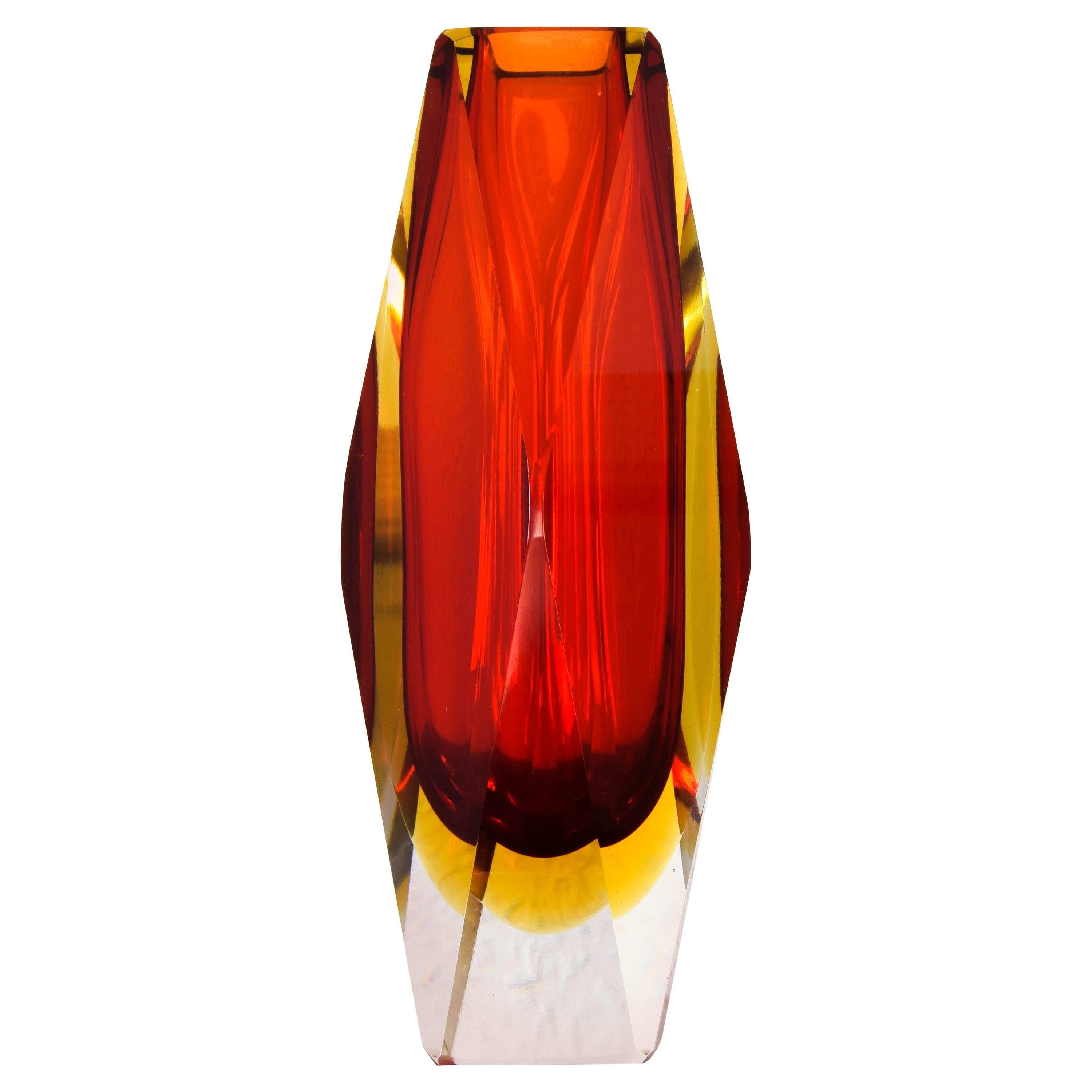 Red and Yellow Murano faceted Italian Modern Sommerso Glass Vase by Mandruzzato