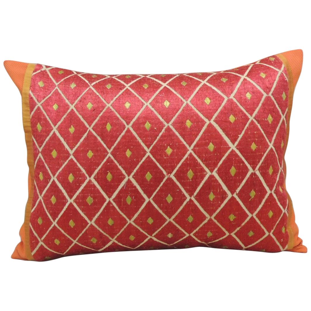 Red and Yellow "Phulkari" Embroidery Silk Bolster Decorative Pillow
