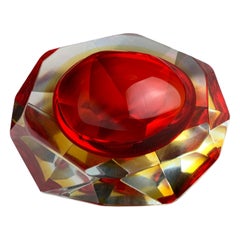Red and yellow Sommerso ashtray by seguso, faceted glass, murano, italy, 1970