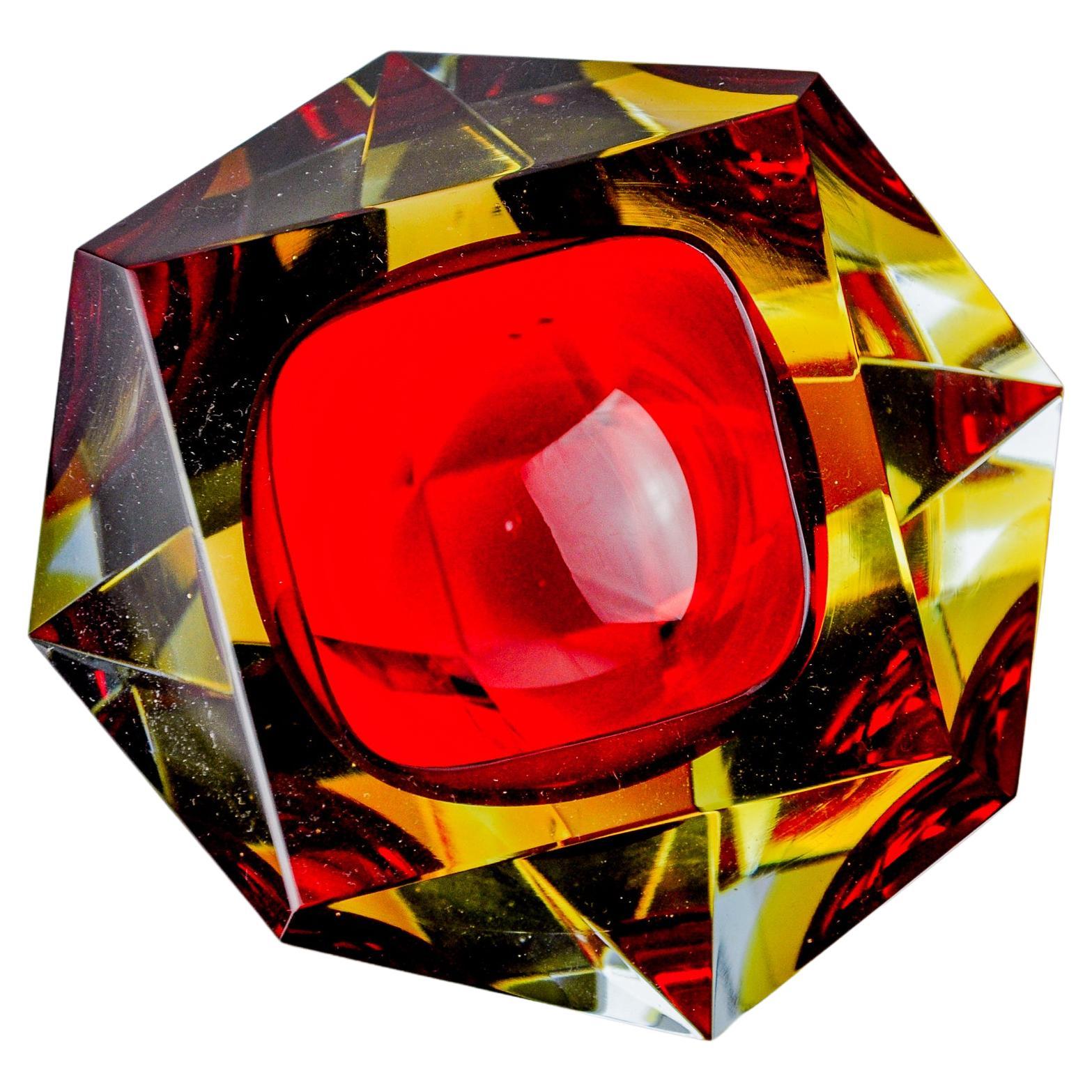 Red and yellow Sommerso ashtray by seguso, faceted glass, murano, italy, 1970