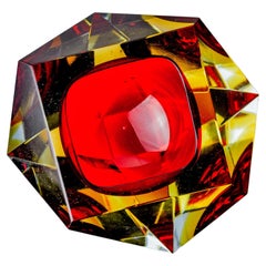 Cenicero Sommerso rojo y amarillo de seguso, cristal facetado, murano, italia, 1970