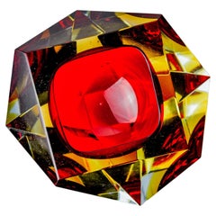 Vintage Red and yellow Sommerso ashtray by seguso, faceted glass, murano, italy, 1970