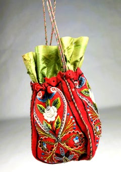 Red Andrinople embroidered wool felt Wallet - France Circa 1870