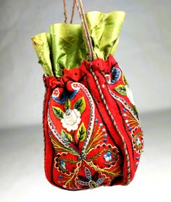 Red Andrinople embroidered wool felt Wallet - France Circa 1870