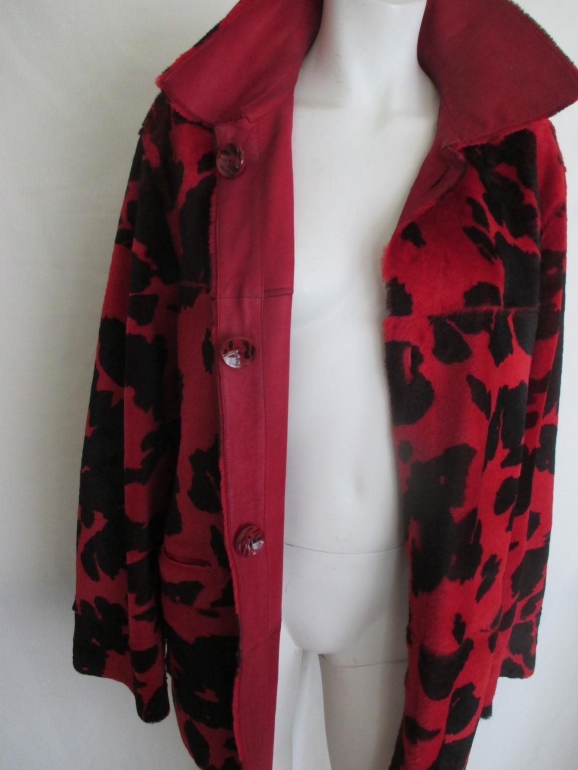 Red Animal Printed Lambskin Leather Coat Reversible For Sale 5