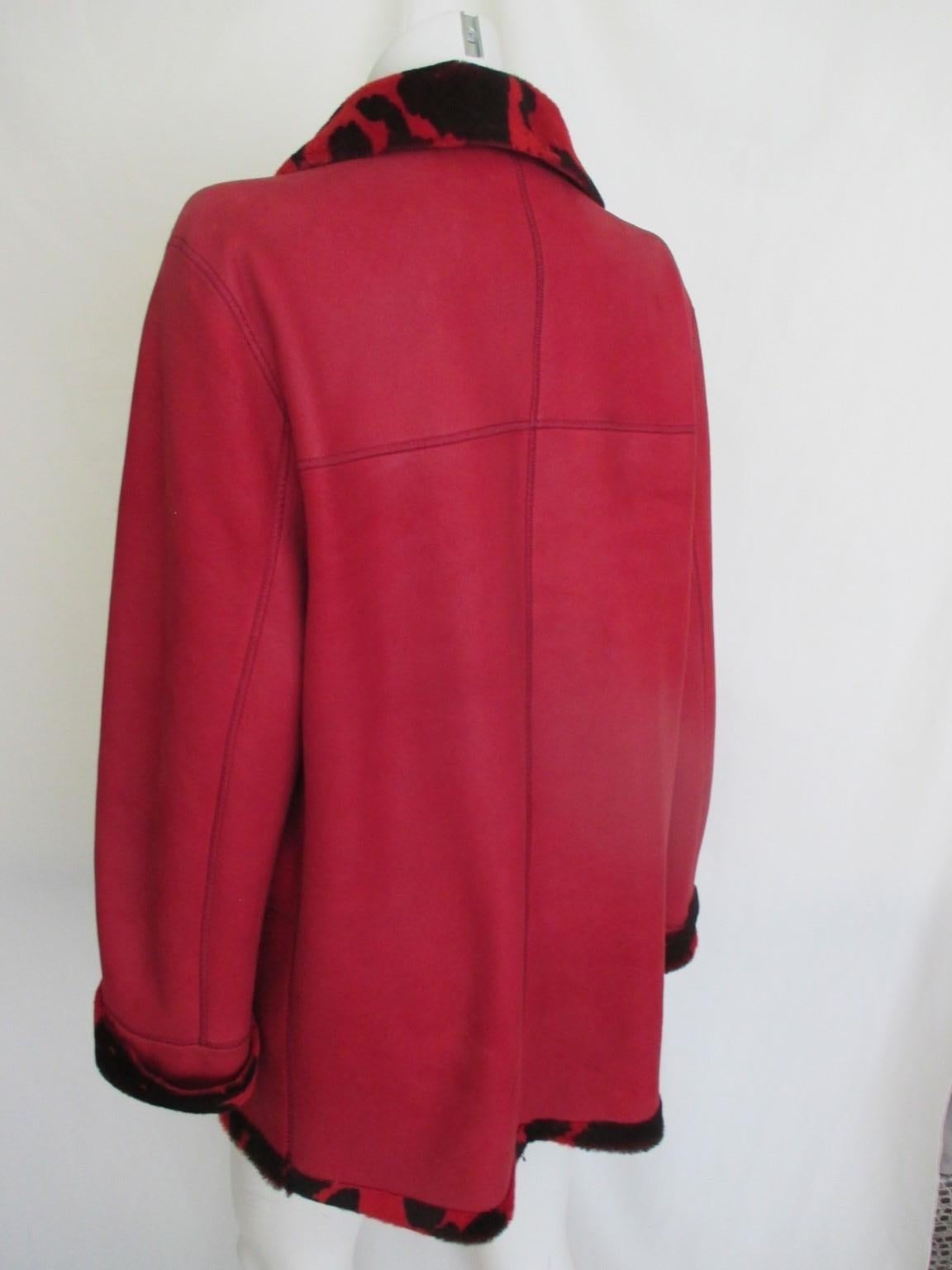 Women's or Men's Red Animal Printed Lambskin Leather Coat Reversible For Sale