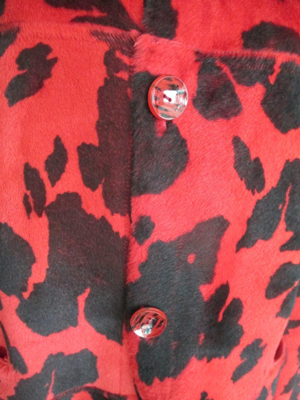 Red Animal Printed Lambskin Leather Coat Reversible For Sale 4