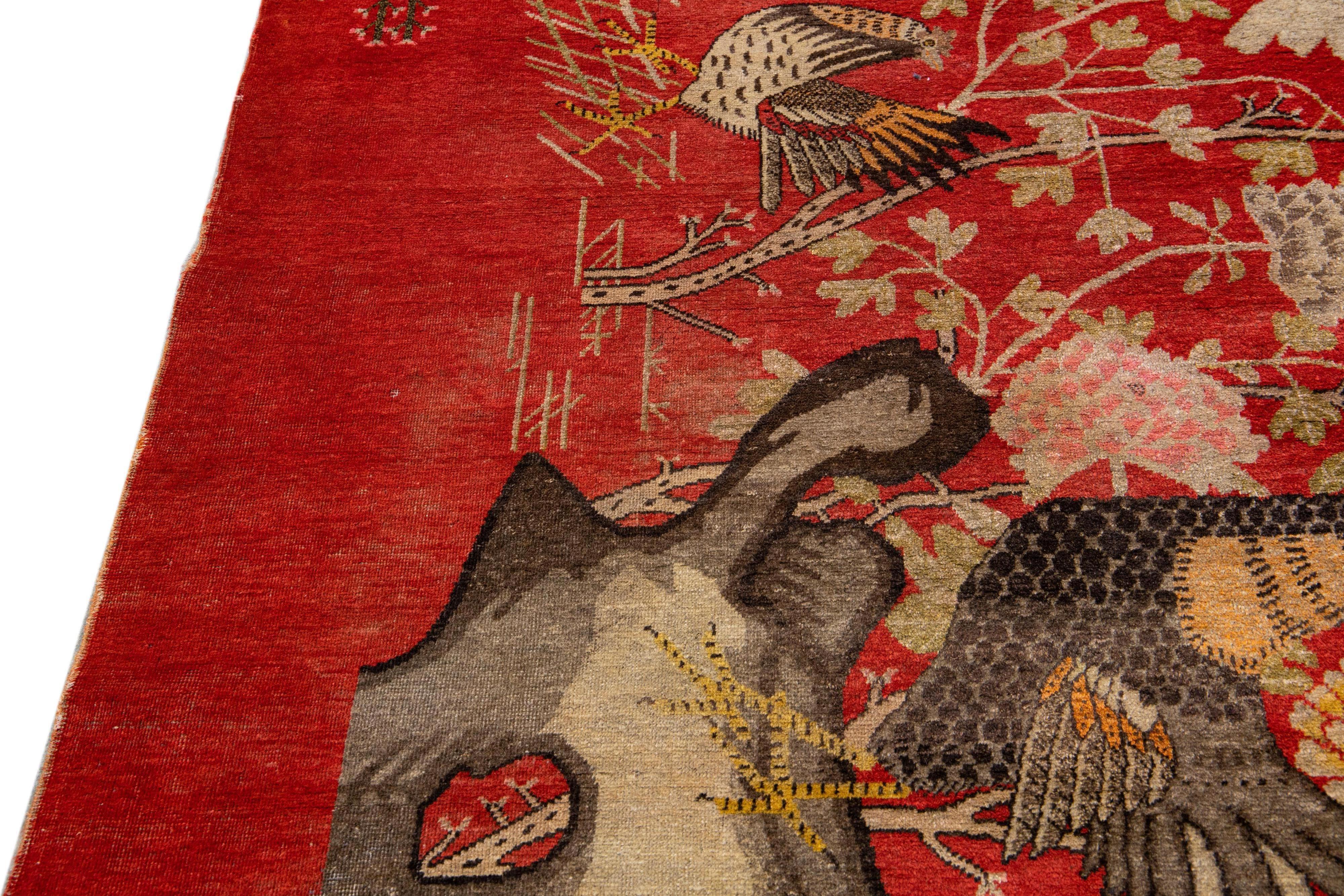 Roter antiker Samarkand-Wollteppich mit Bildmotiv aus dem 20. Jahrhundert im Angebot 3