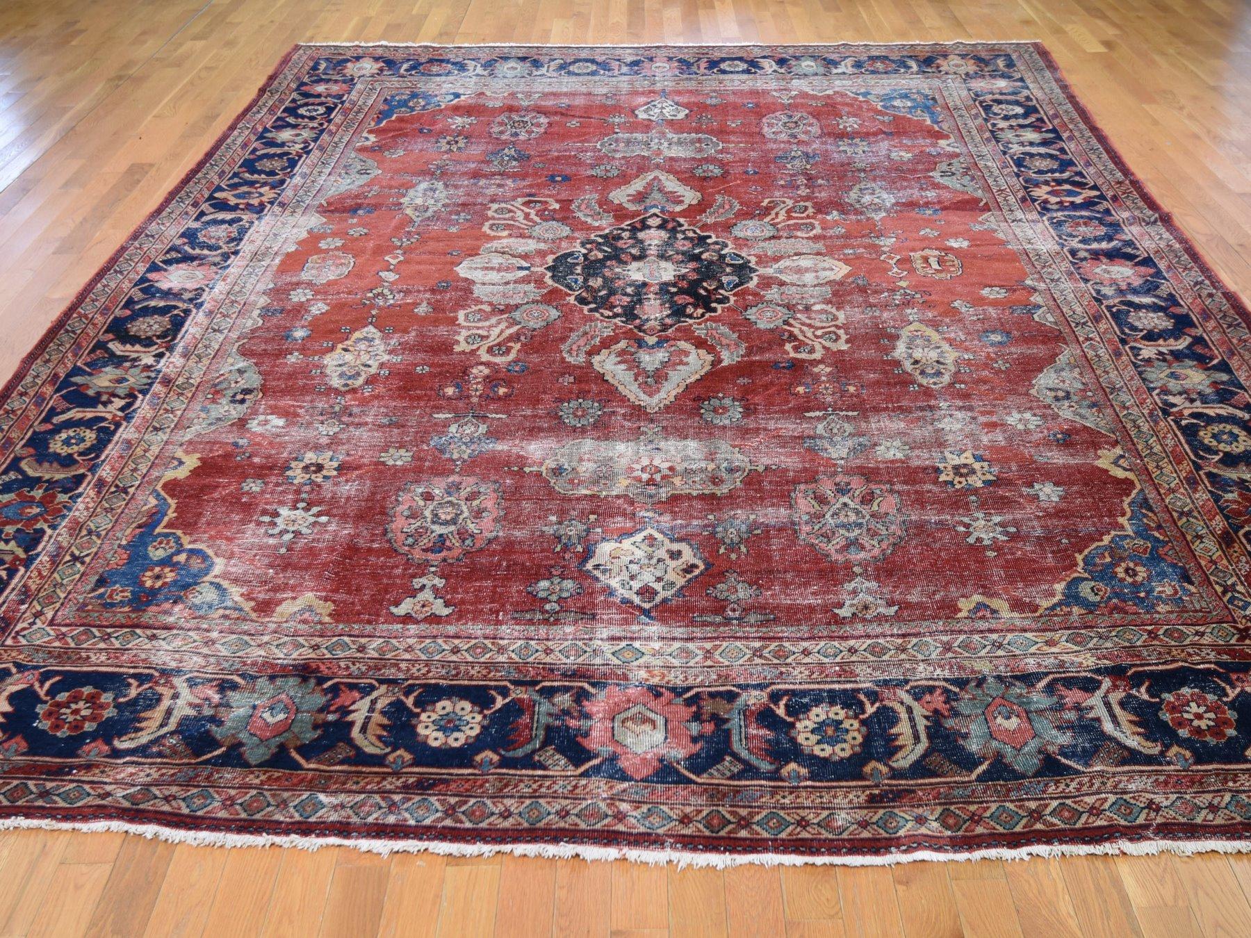 Hollywood Regency Red Antique and Worn Persian Mahal Hand Knotted Oriental Rug