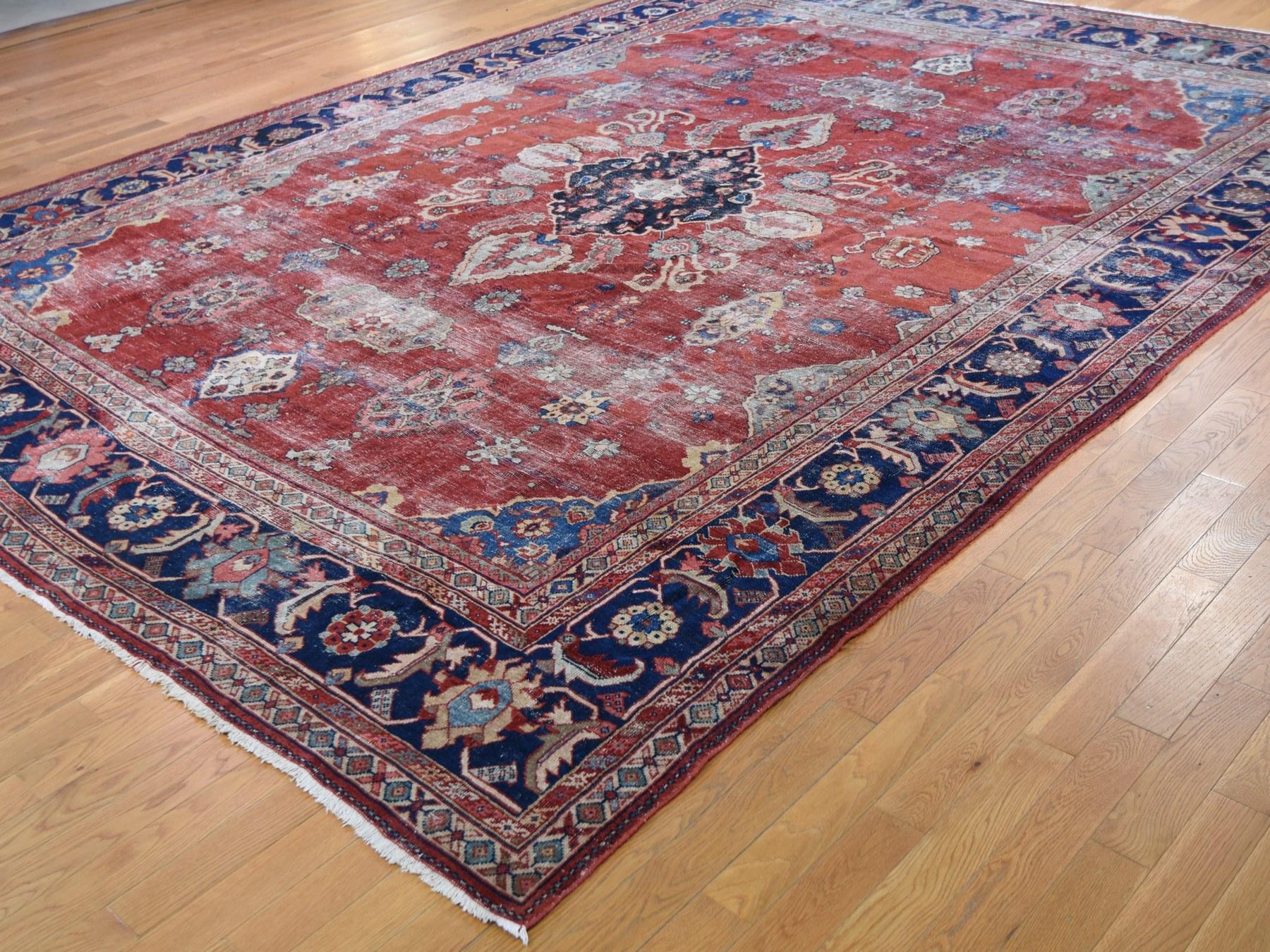 Hand-Knotted Red Antique and Worn Persian Mahal Hand Knotted Oriental Rug