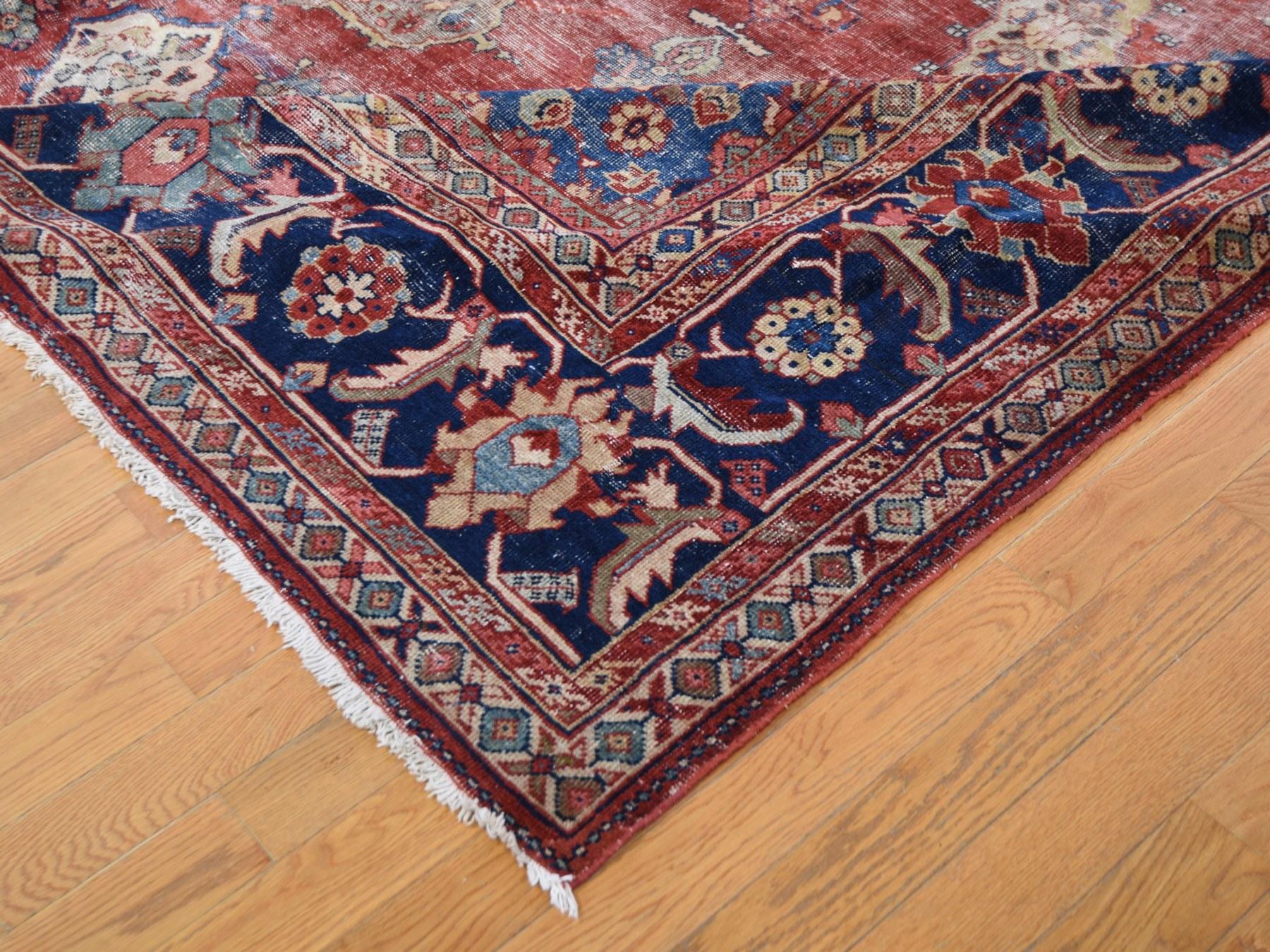 Wool Red Antique and Worn Persian Mahal Hand Knotted Oriental Rug