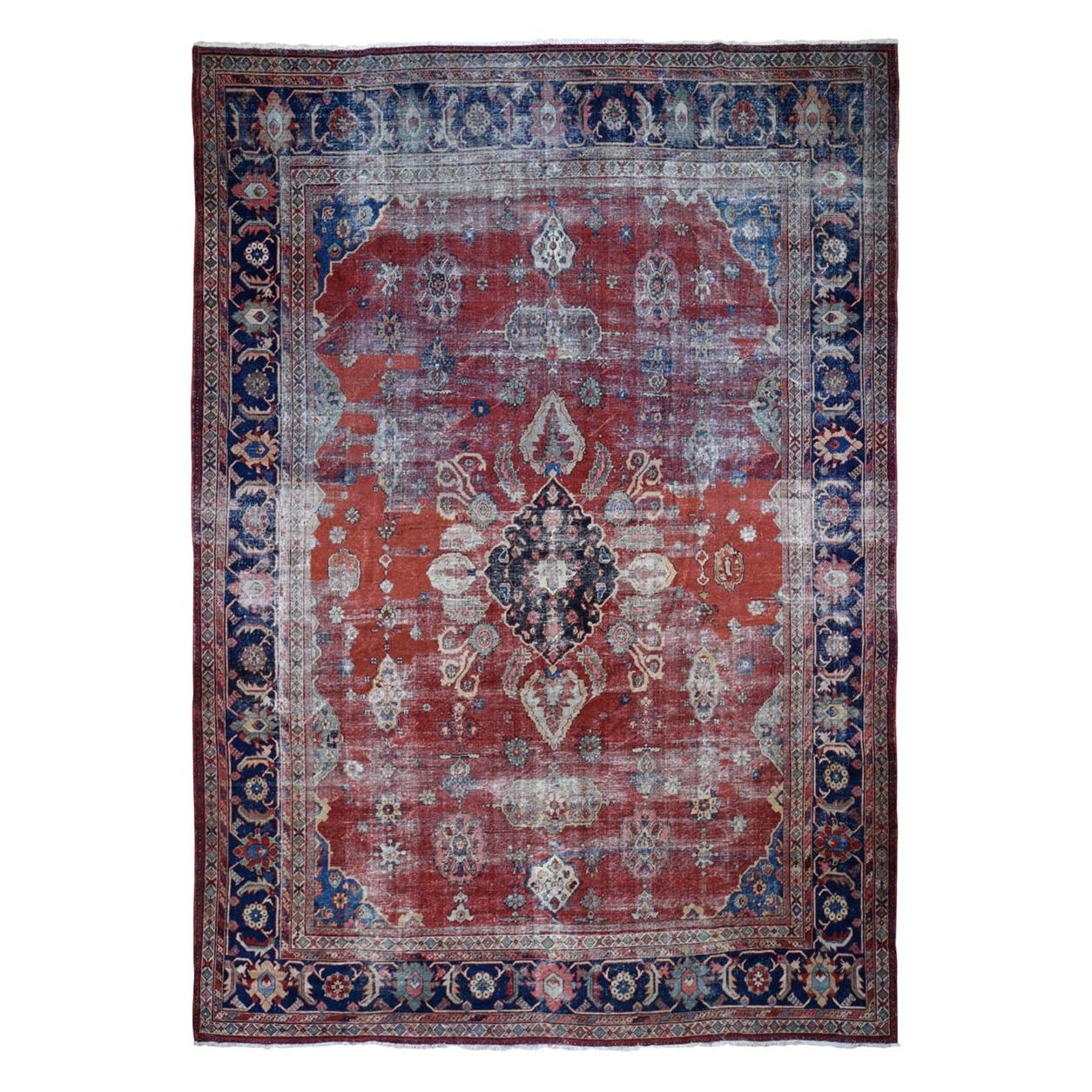 Red Antique and Worn Persian Mahal Hand Knotted Oriental Rug