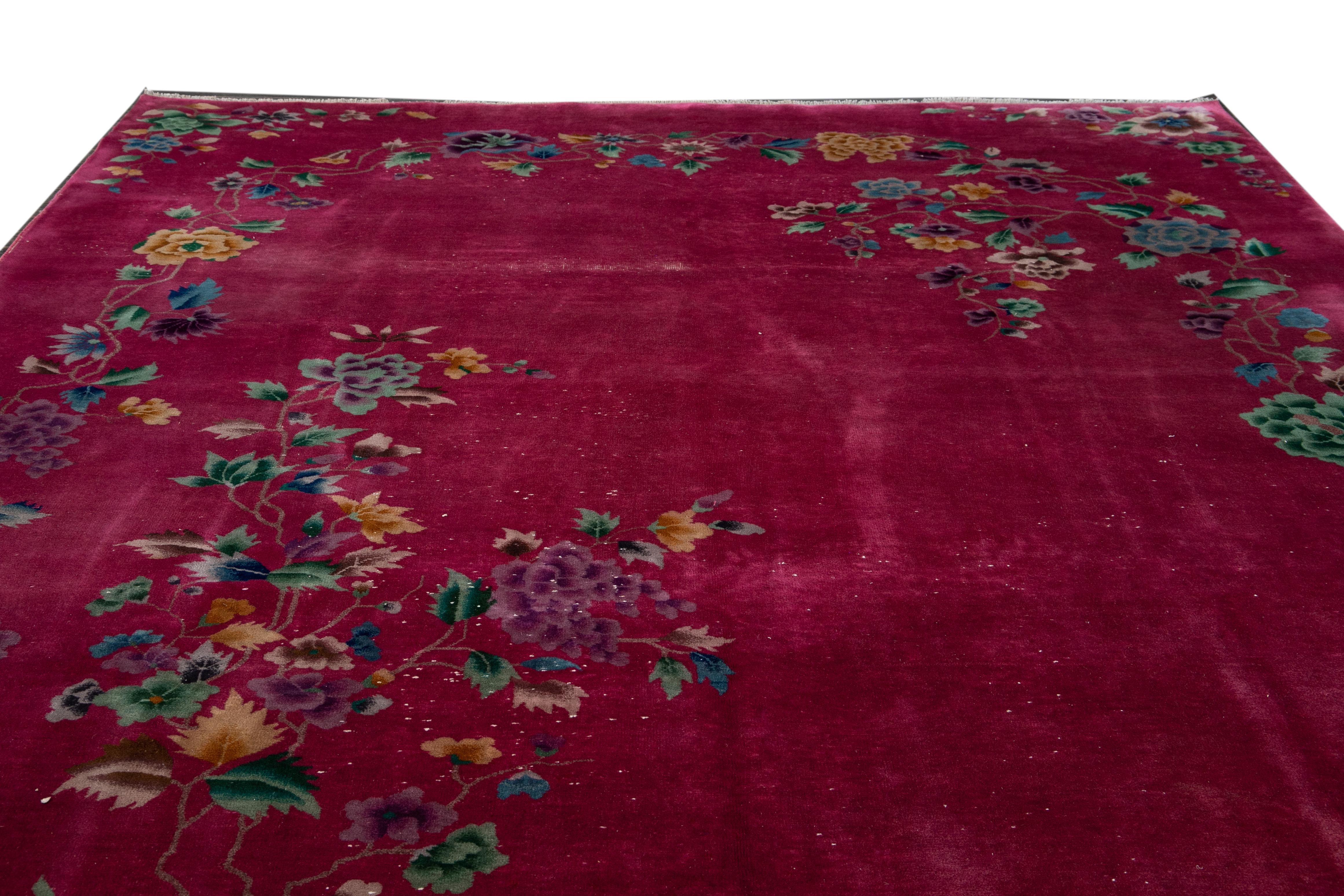Hand-Knotted Red Antique Art Deco Chinese Handmade Floral Wool Rug For Sale