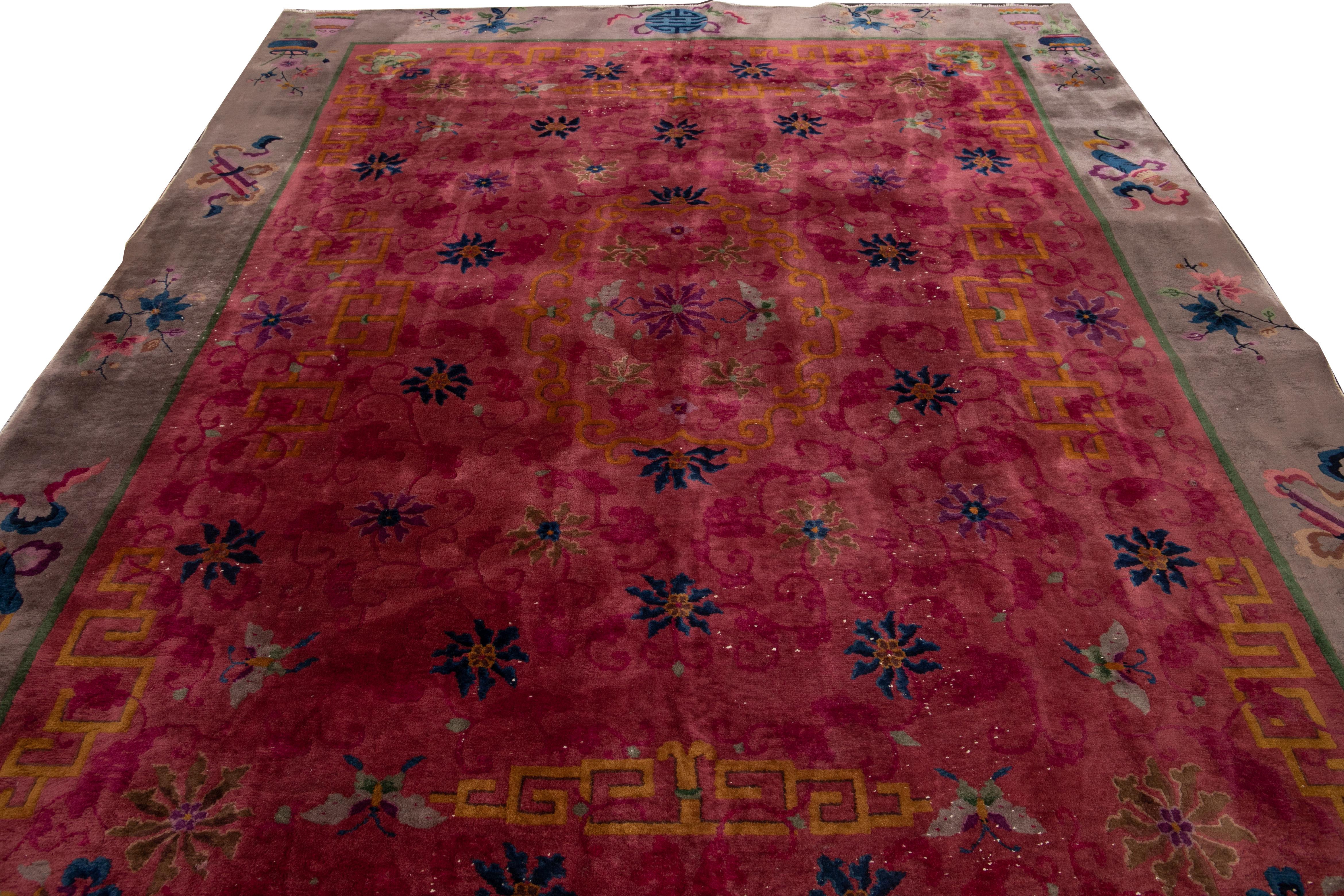 Hand-Knotted Red Antique Art Deco Chinese Handmade Floral Wool Rug For Sale