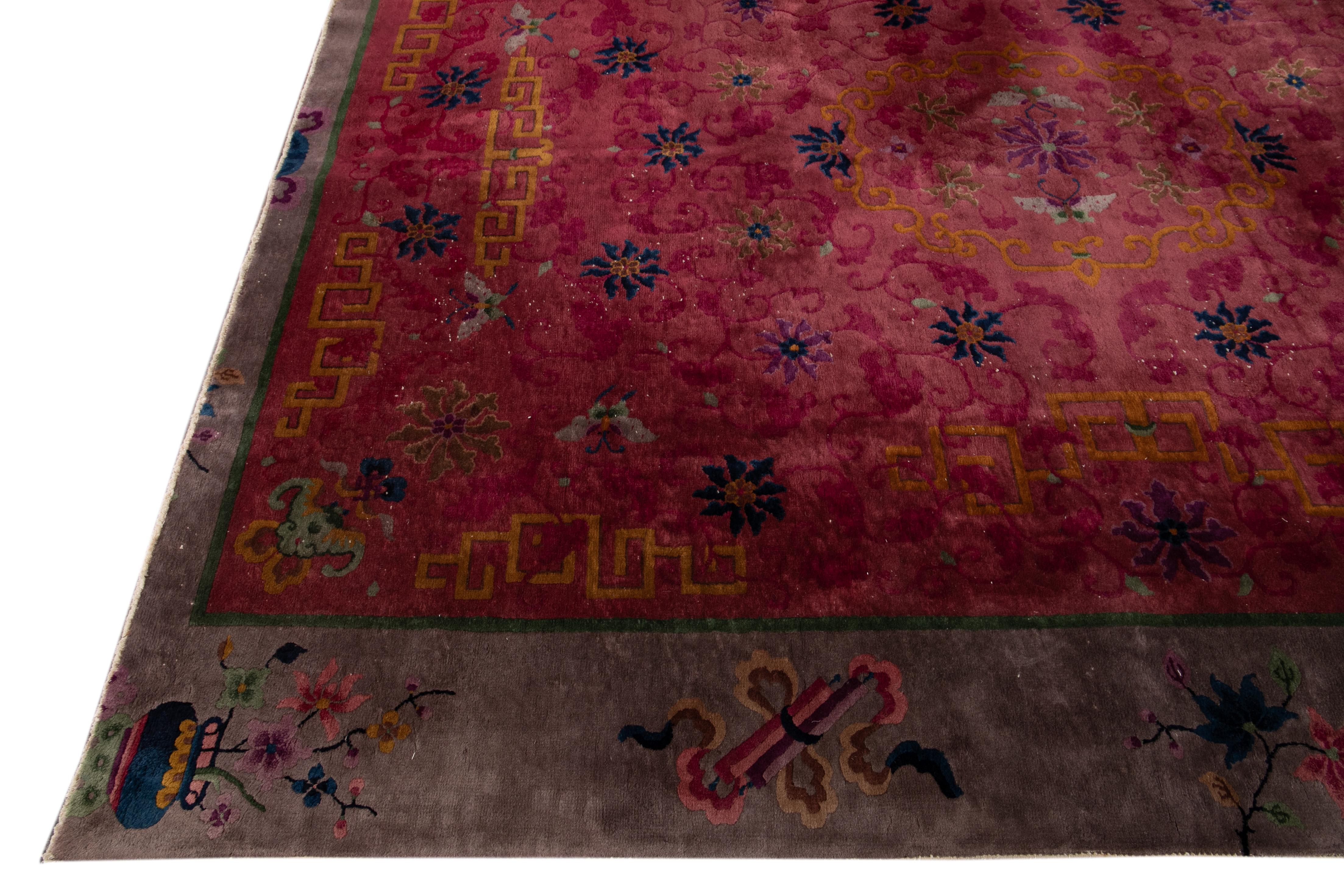 Red Antique Art Deco Chinese Handmade Floral Wool Rug In Good Condition For Sale In Norwalk, CT