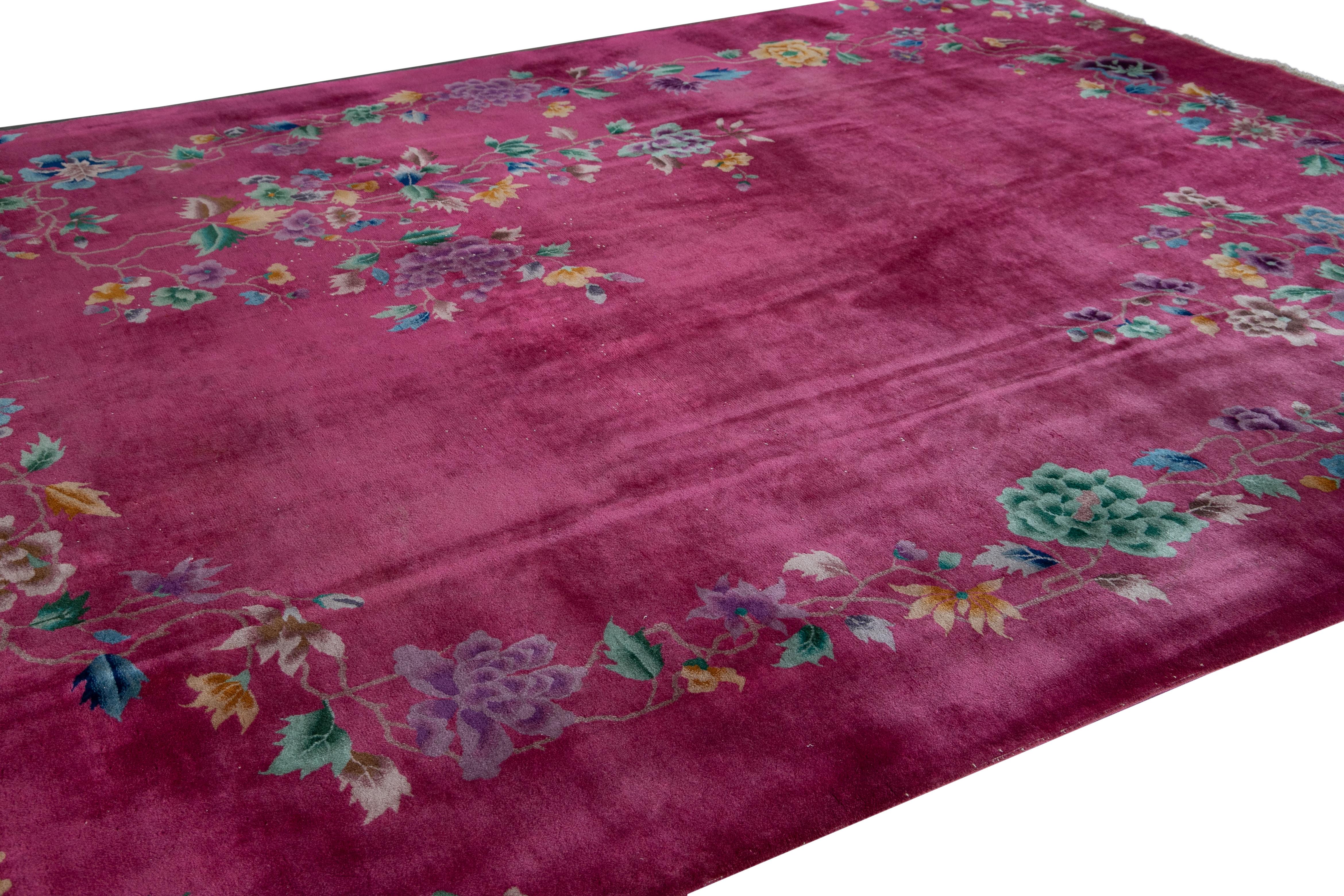 Early 20th Century Red Antique Art Deco Chinese Handmade Floral Wool Rug For Sale