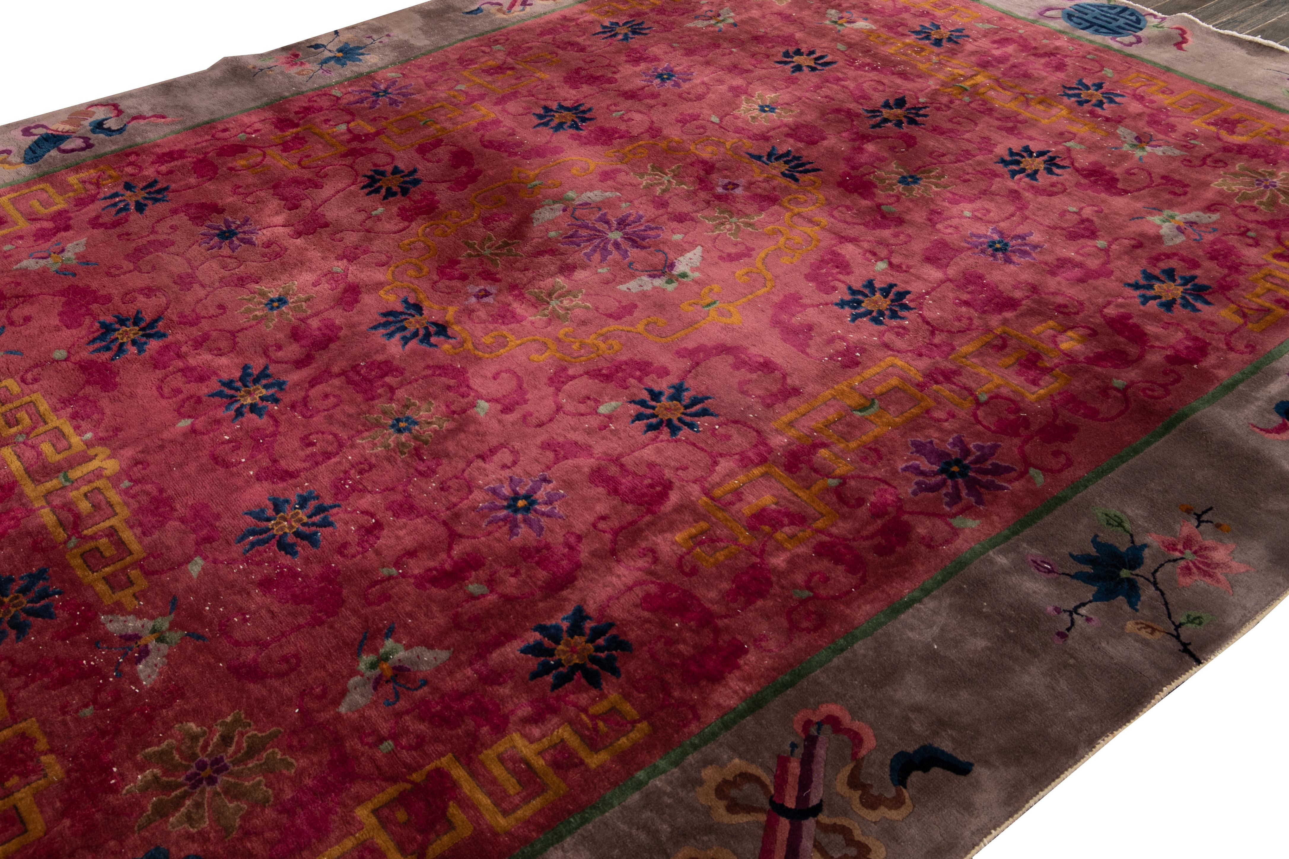 20th Century Red Antique Art Deco Chinese Handmade Floral Wool Rug For Sale