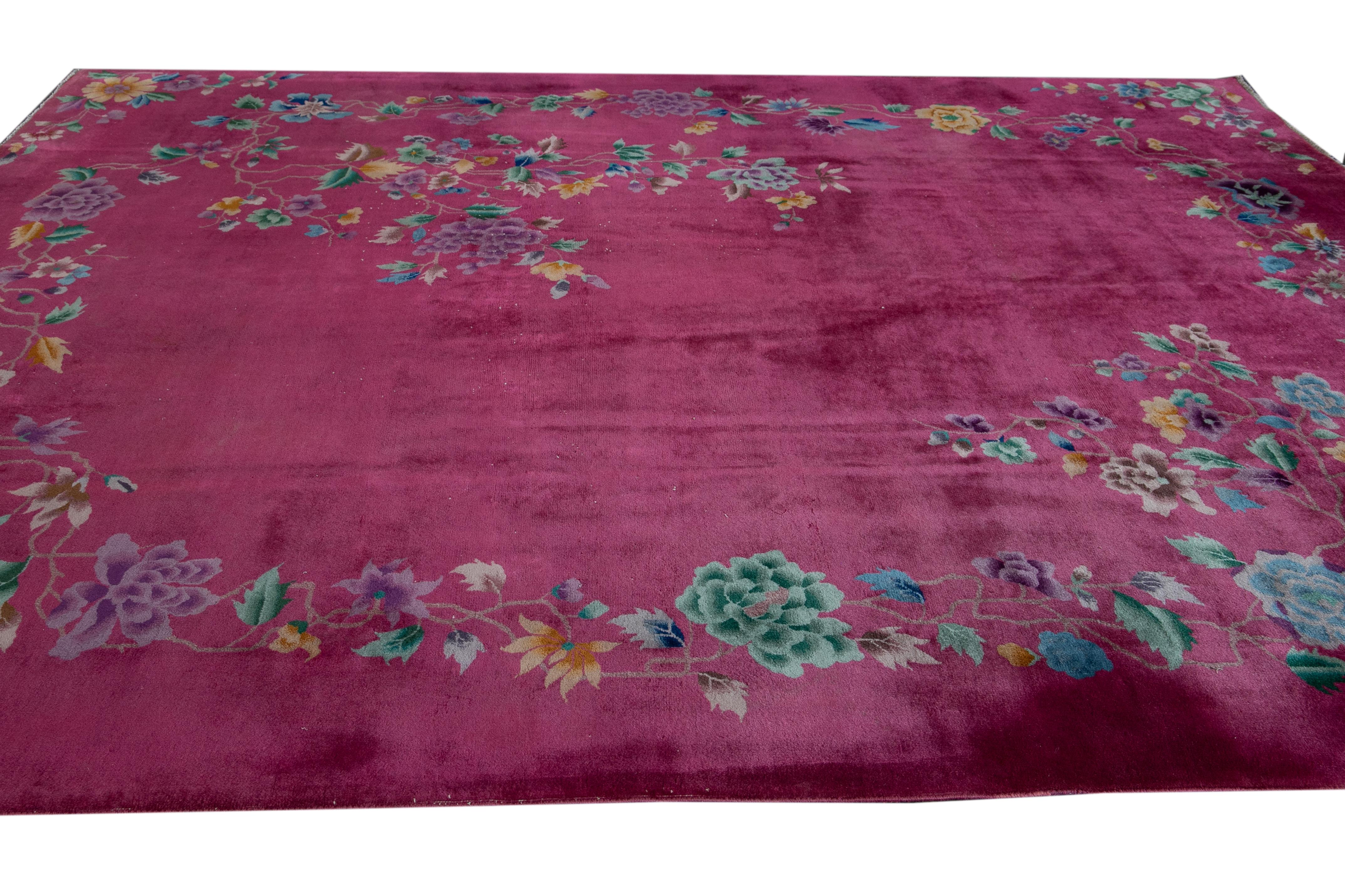 Red Antique Art Deco Chinese Handmade Floral Wool Rug For Sale 1