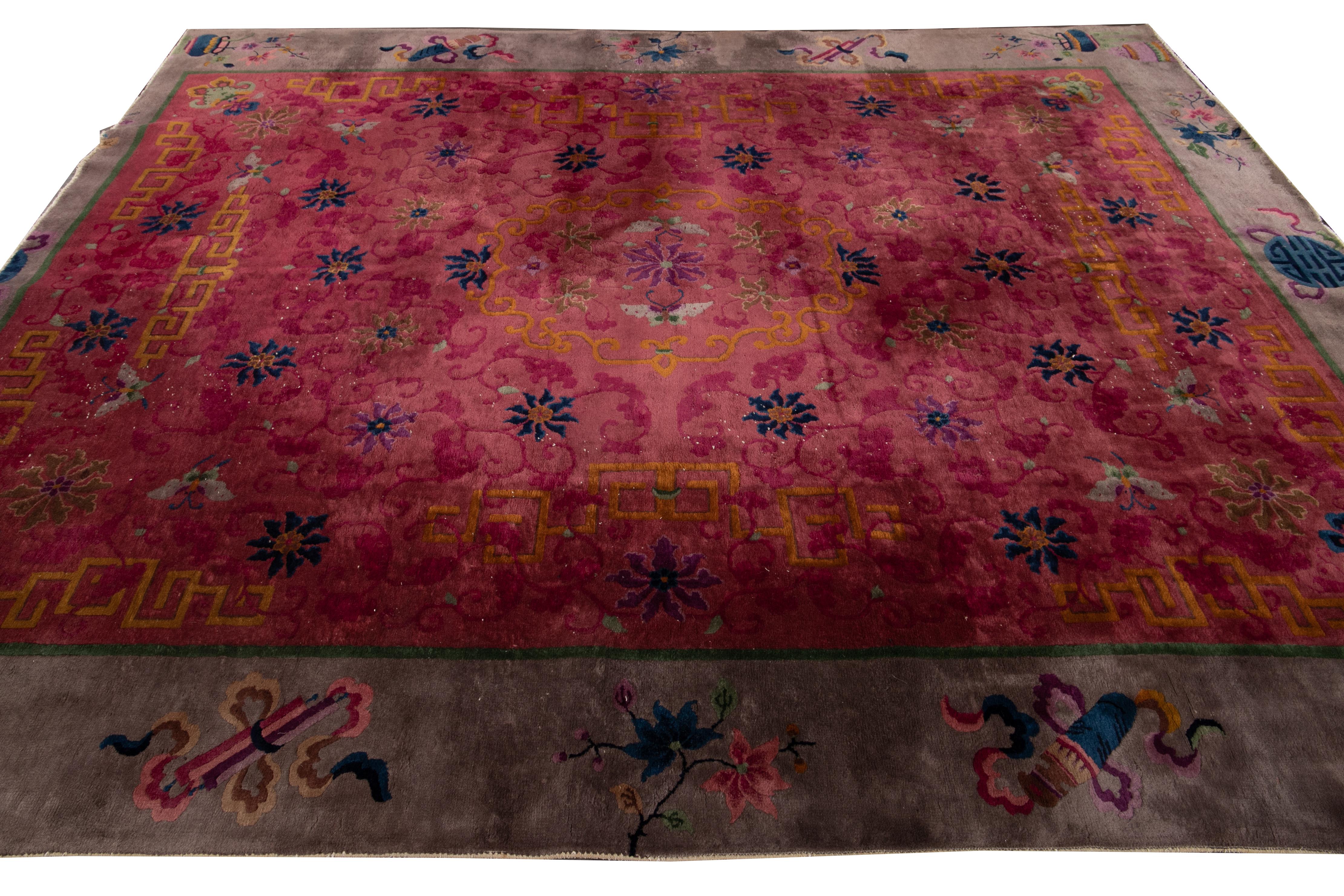 Other Red Antique Art Deco Chinese Handmade Floral Wool Rug For Sale