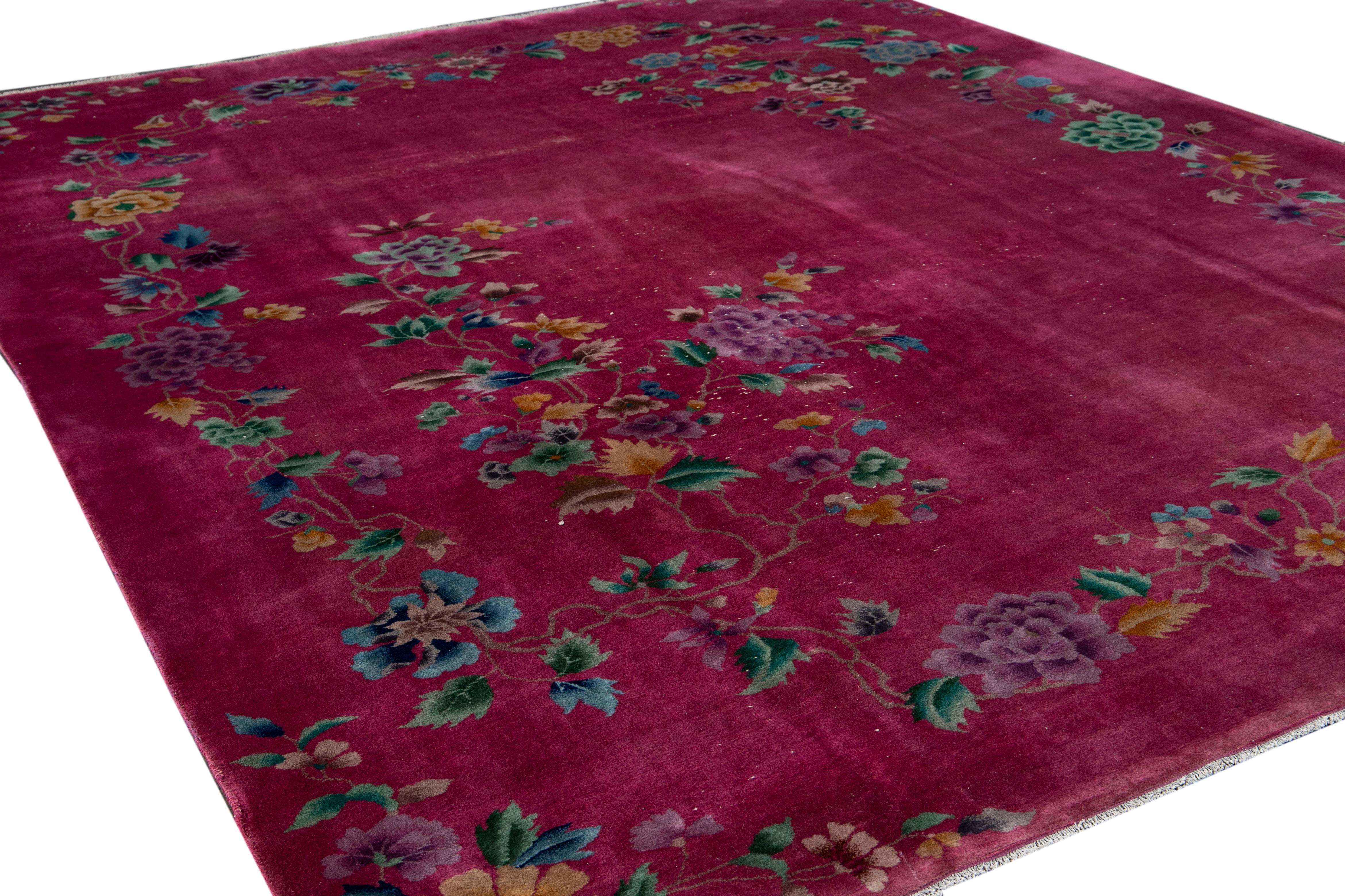 Red Antique Art Deco Chinese Handmade Floral Wool Rug For Sale 2