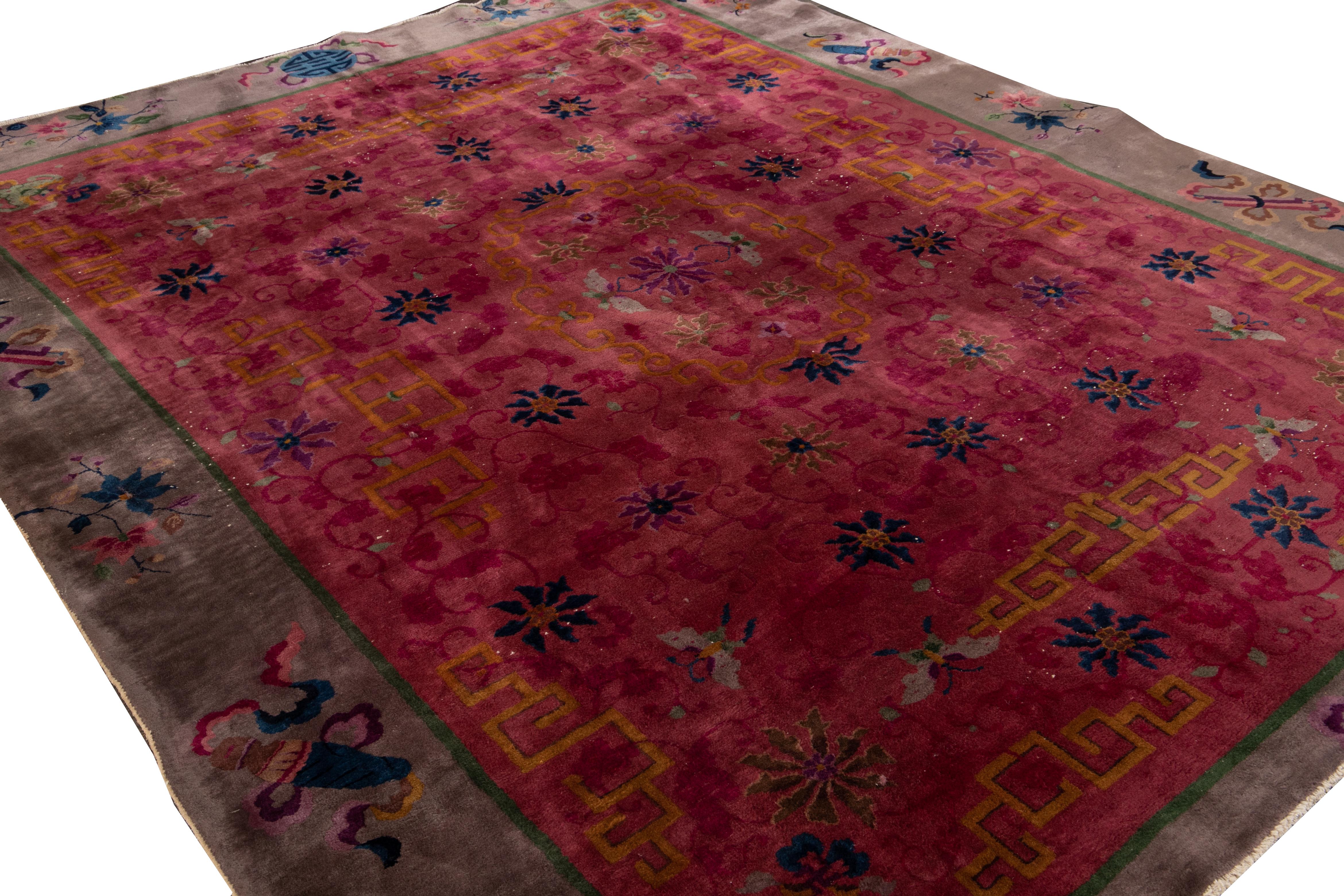 Red Antique Art Deco Chinese Handmade Floral Wool Rug For Sale 1