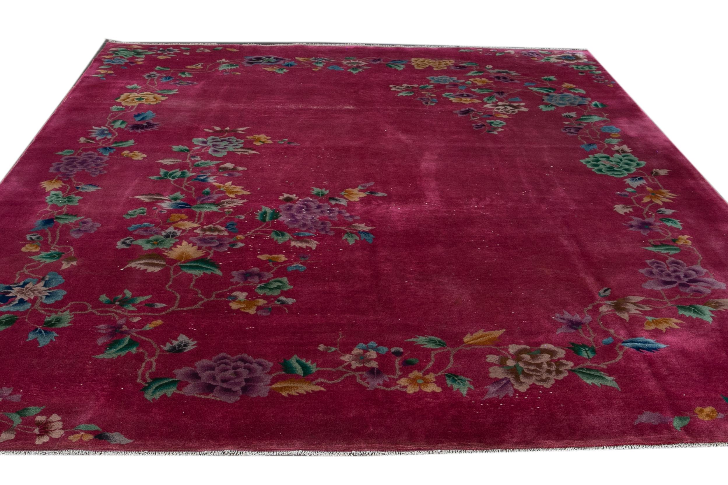 Red Antique Art Deco Chinese Handmade Floral Wool Rug For Sale 3