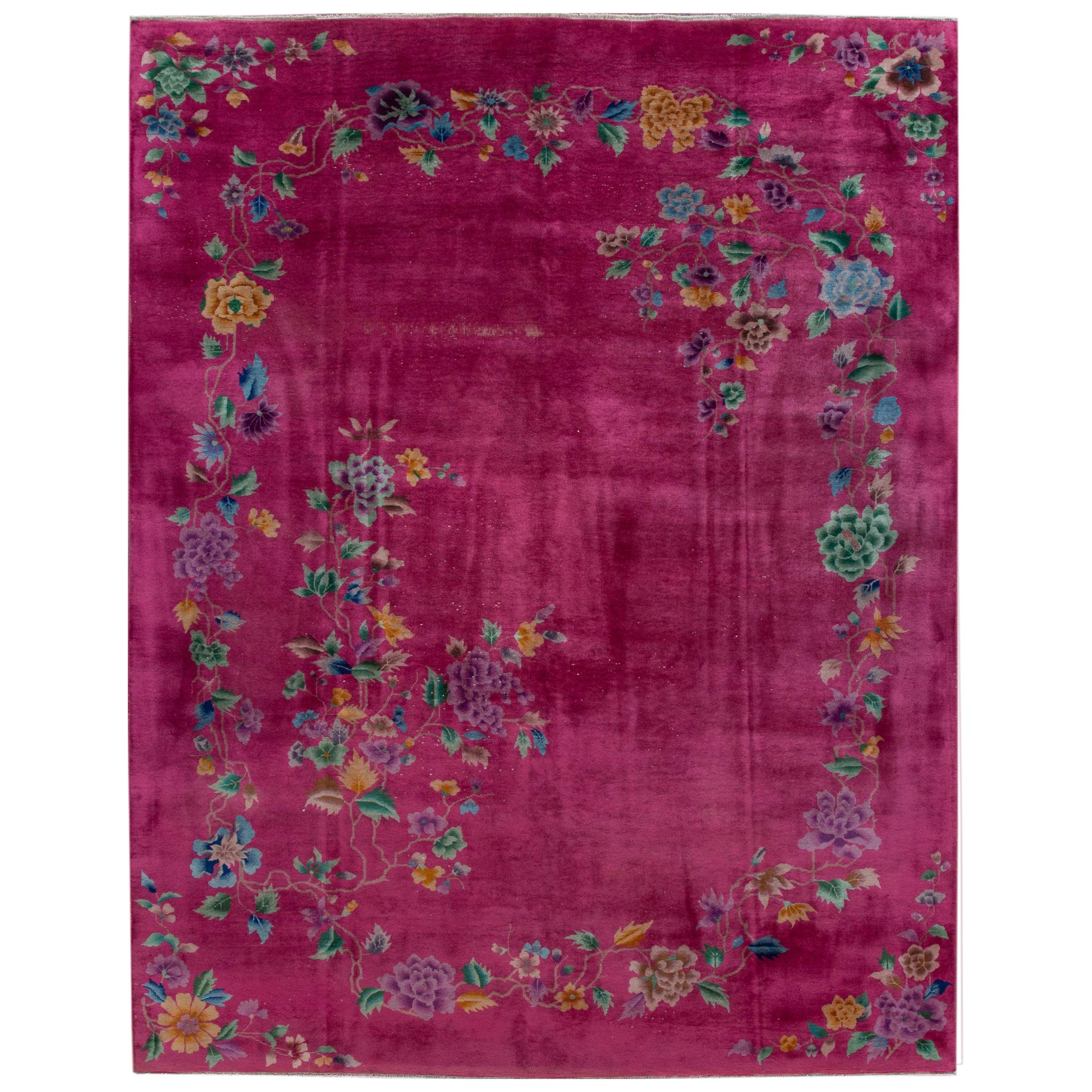 Red Antique Art Deco Chinese Handmade Floral Wool Rug For Sale