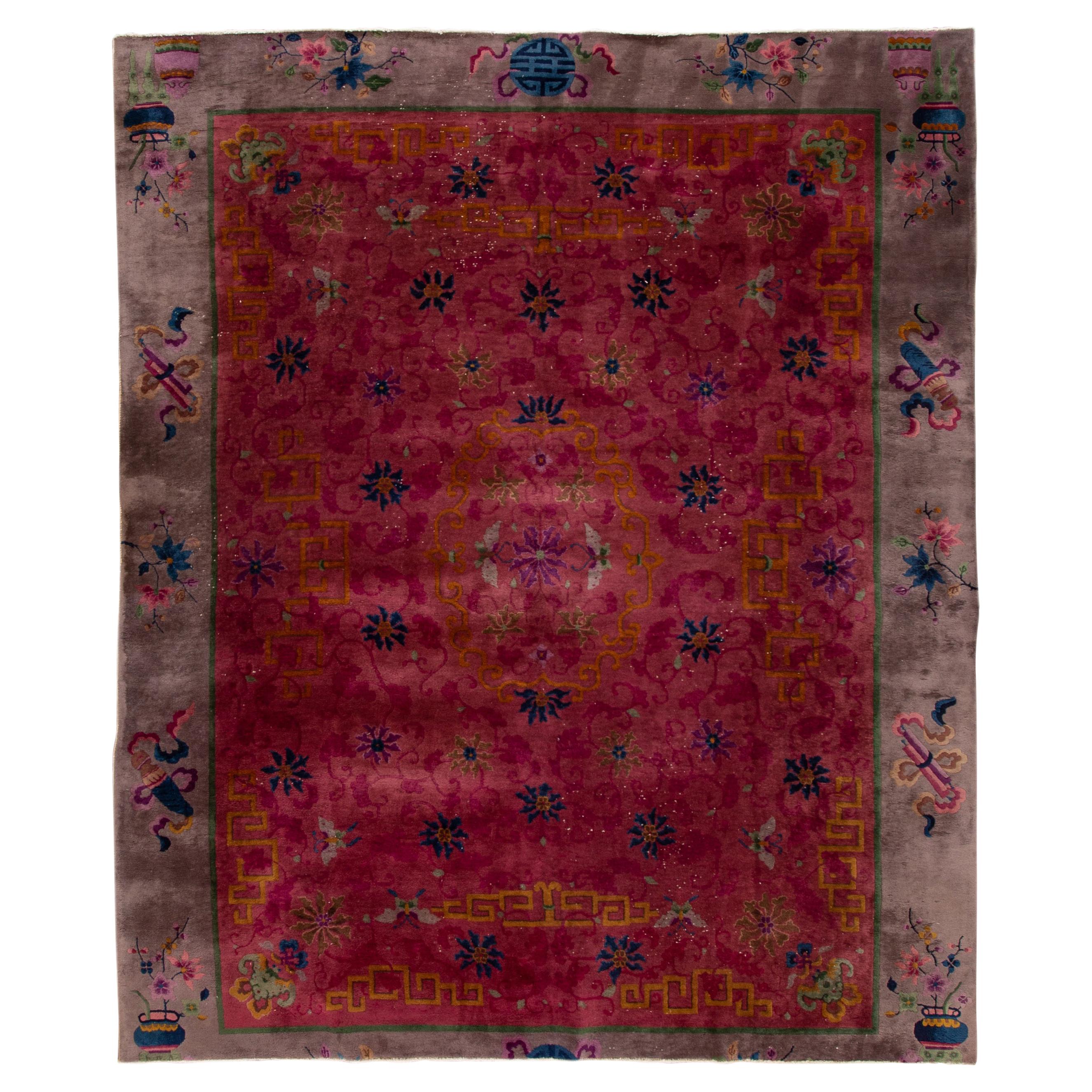 Red Antique Art Deco Chinese Handmade Floral Wool Rug For Sale