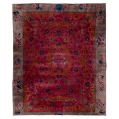 Tapis rouge ancien Art Déco chinois en laine à fleurs fabriqué à la main
