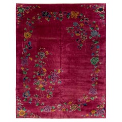 Tapis rouge ancien Art Déco chinois en laine à fleurs fabriqué à la main