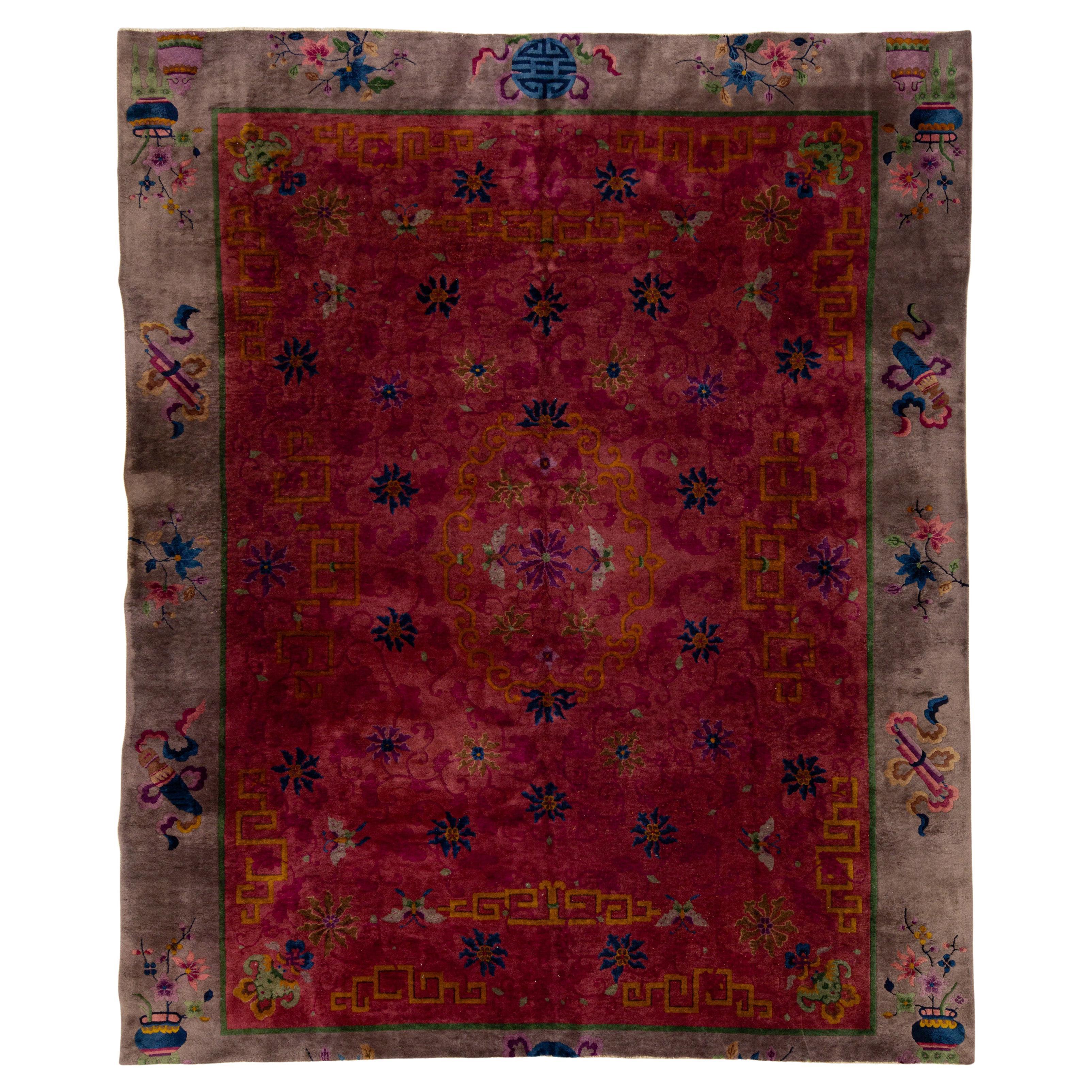 Tapis rouge ancien Art Déco chinois en laine à fleurs fabriqué à la main