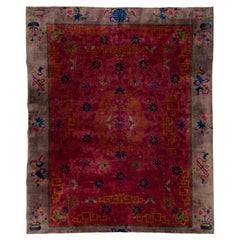 Tapis rouge ancien Art Déco chinois en laine à fleurs fabriqué à la main