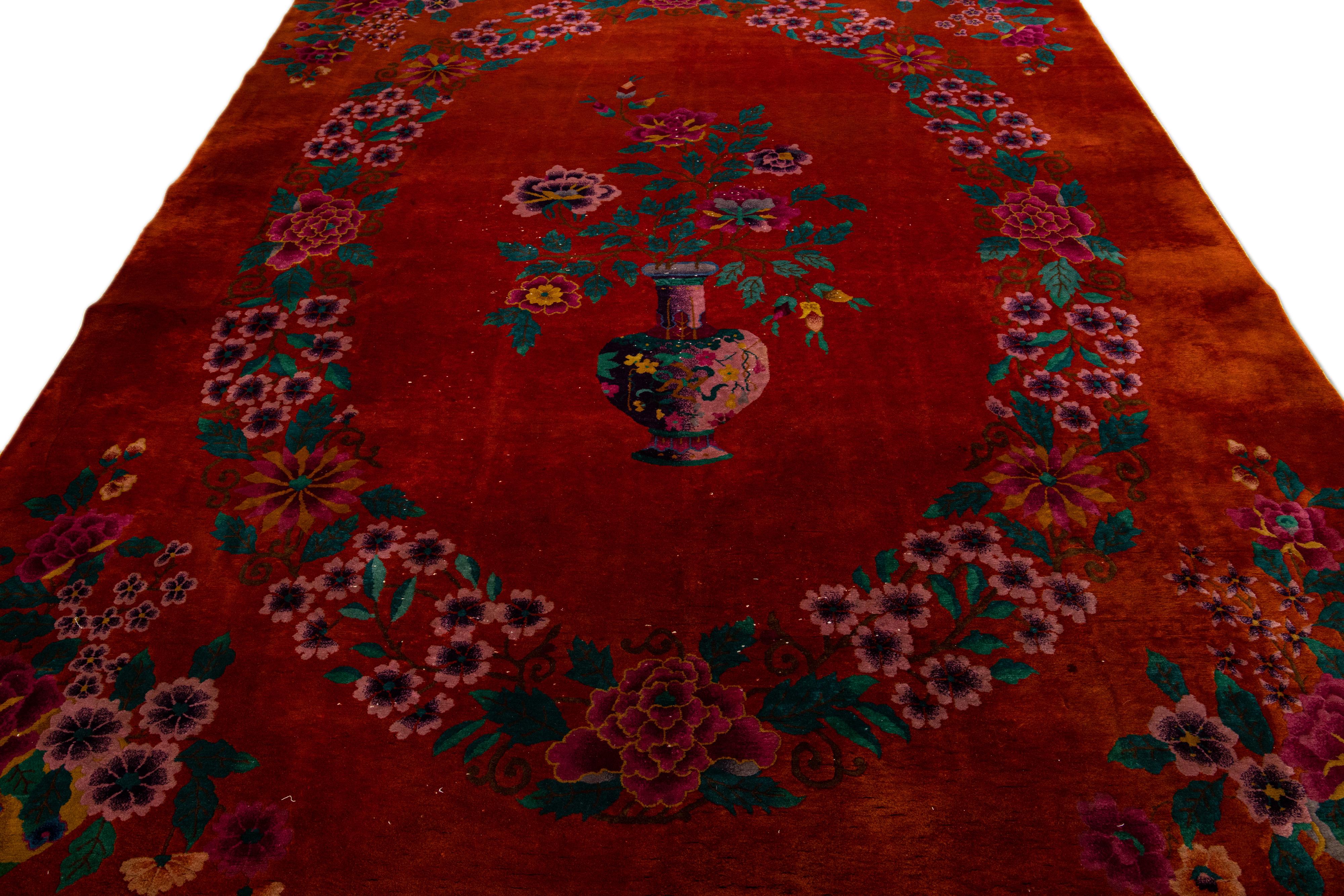 Hand-Knotted Red Antique Art Deco Handmade Chinese Floral Pattern Wool Rug For Sale