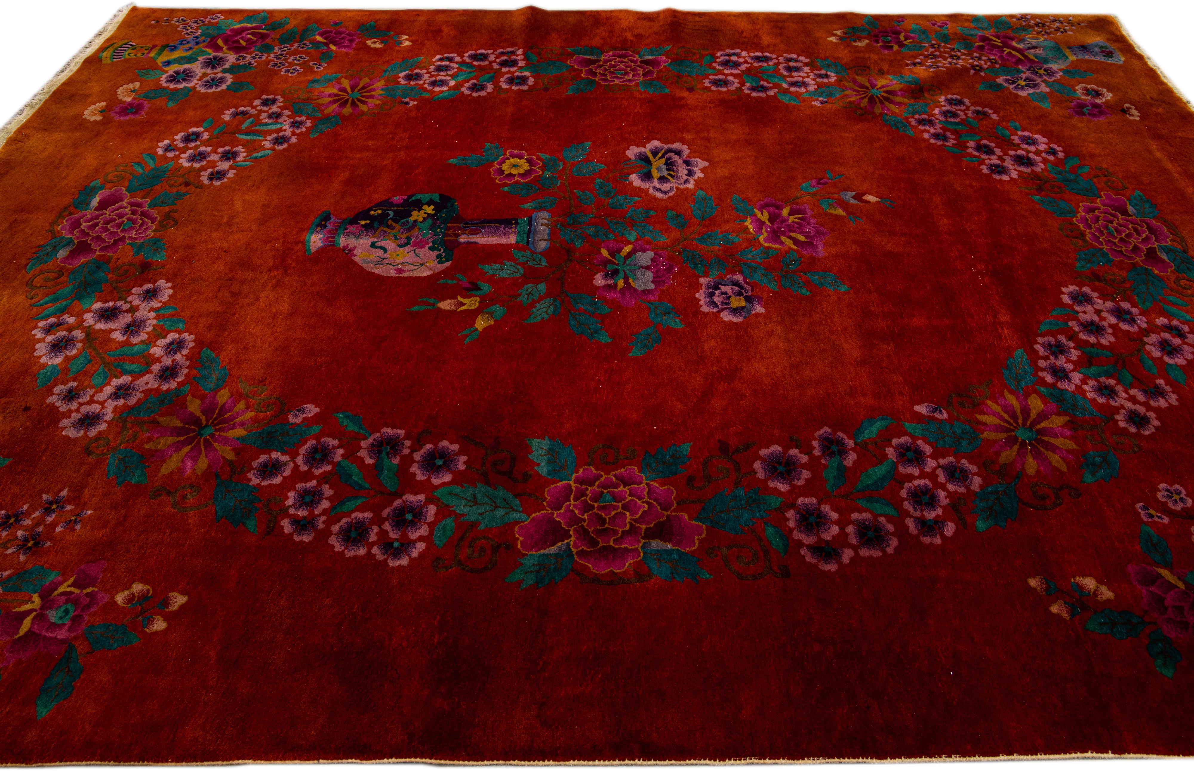 Red Antique Art Deco Handmade Chinese Floral Pattern Wool Rug In Excellent Condition For Sale In Norwalk, CT