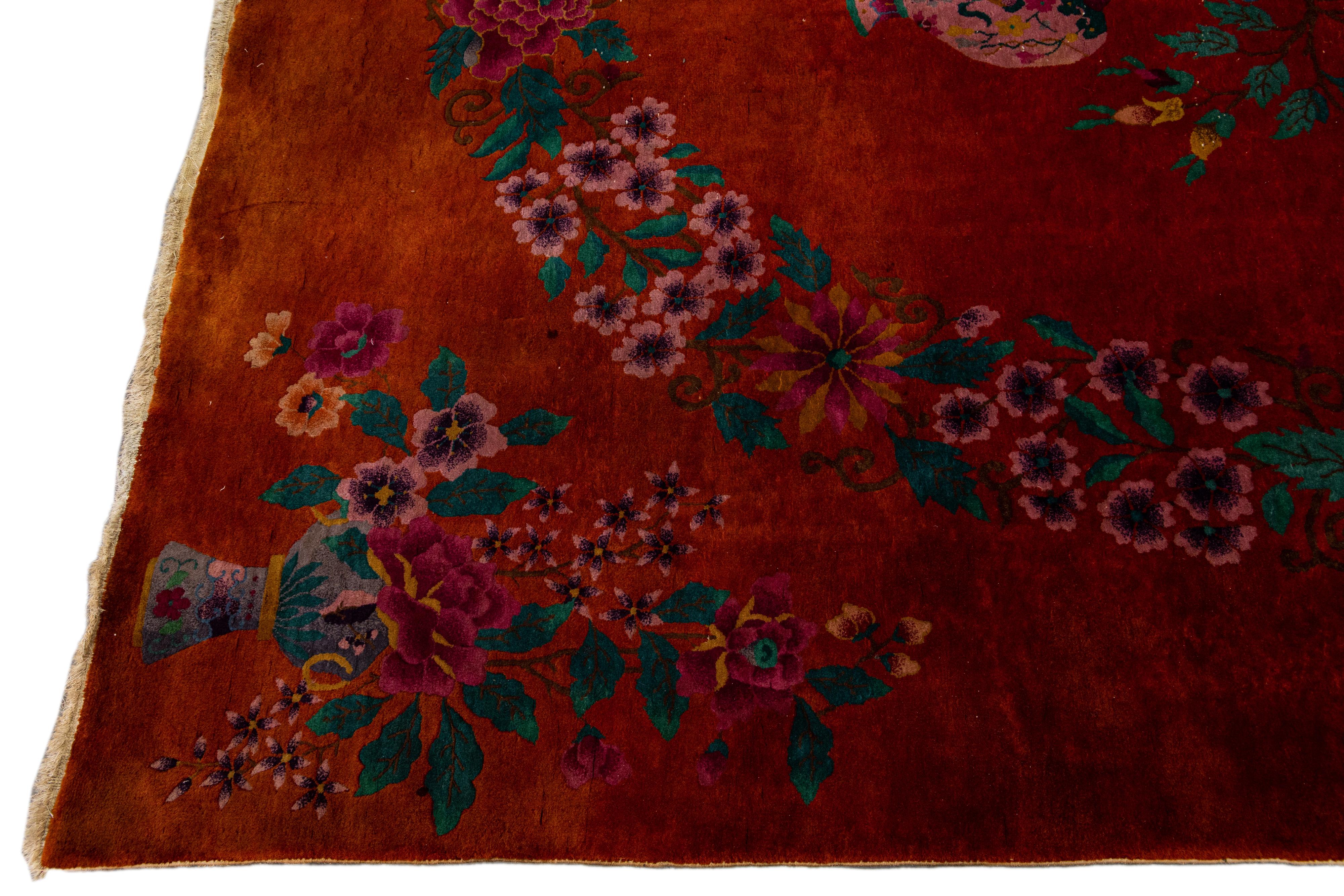 Red Antique Art Deco Handmade Chinese Floral Pattern Wool Rug For Sale 2